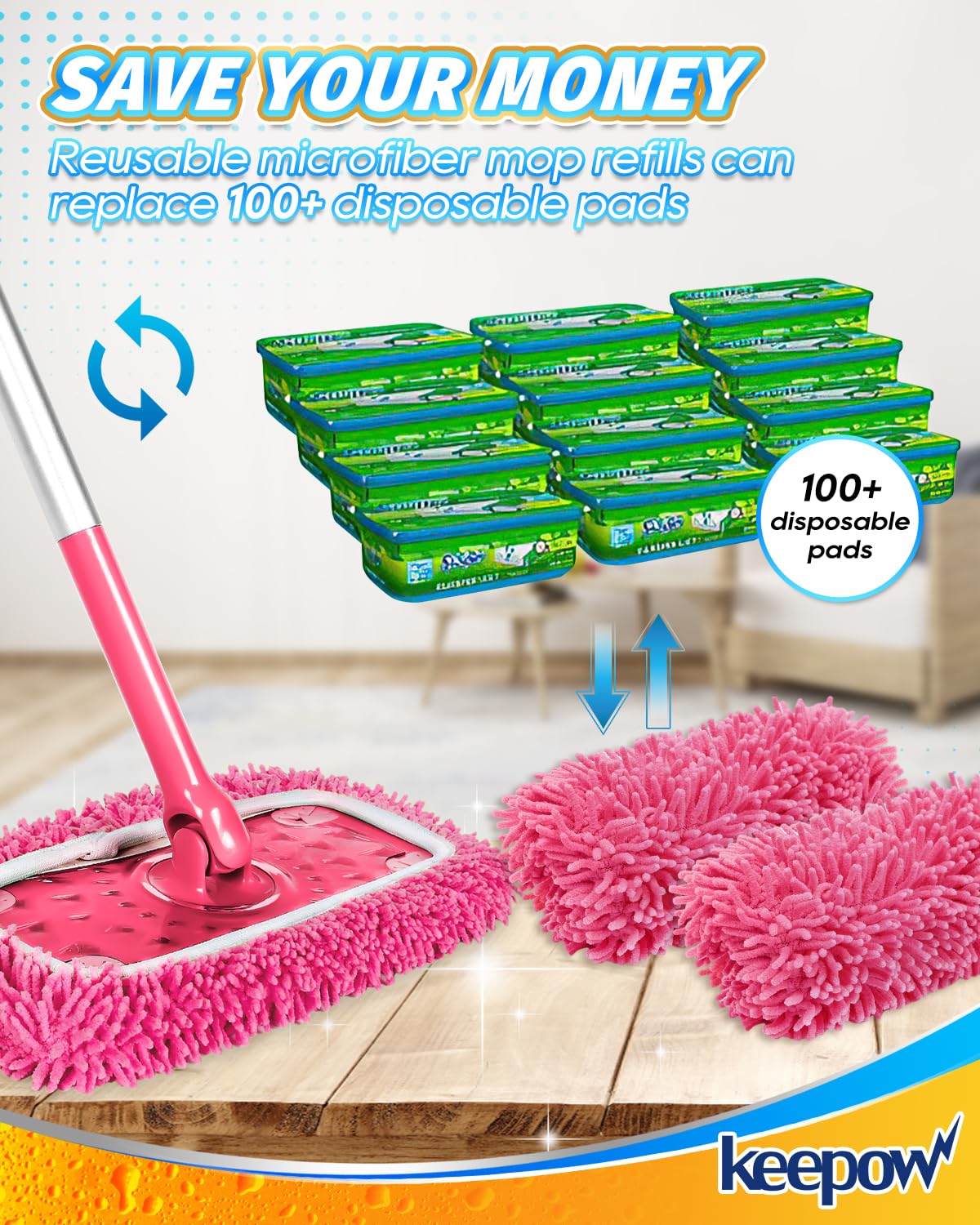 KEEPOW Herbruikbare vloerdoeken voor Swiffer vloerwisser, roze microvezeldoeken voor Swiffer vochtige vloerdoeken, absorberend, reinigt goed, 8 stuks met waszak