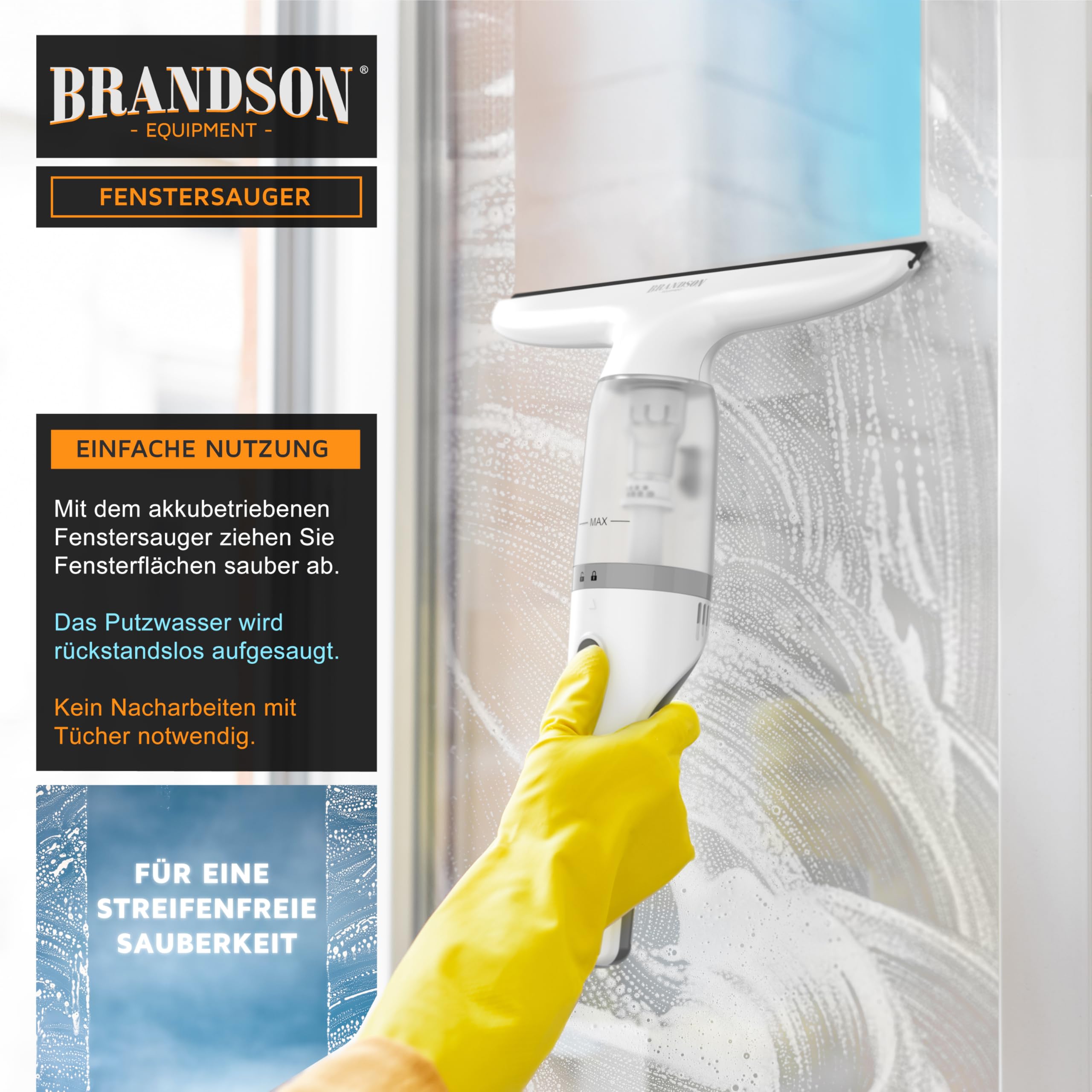 Brandson - Akku Fenstersauger kabellos – Fensterreiniger elektrisch 2200 mAh Li-Io-Akku – Laufzeit ca. 30 min. – 28 cm Saugdüse – 60 ml Wassertank – inkl. Sprühflasche