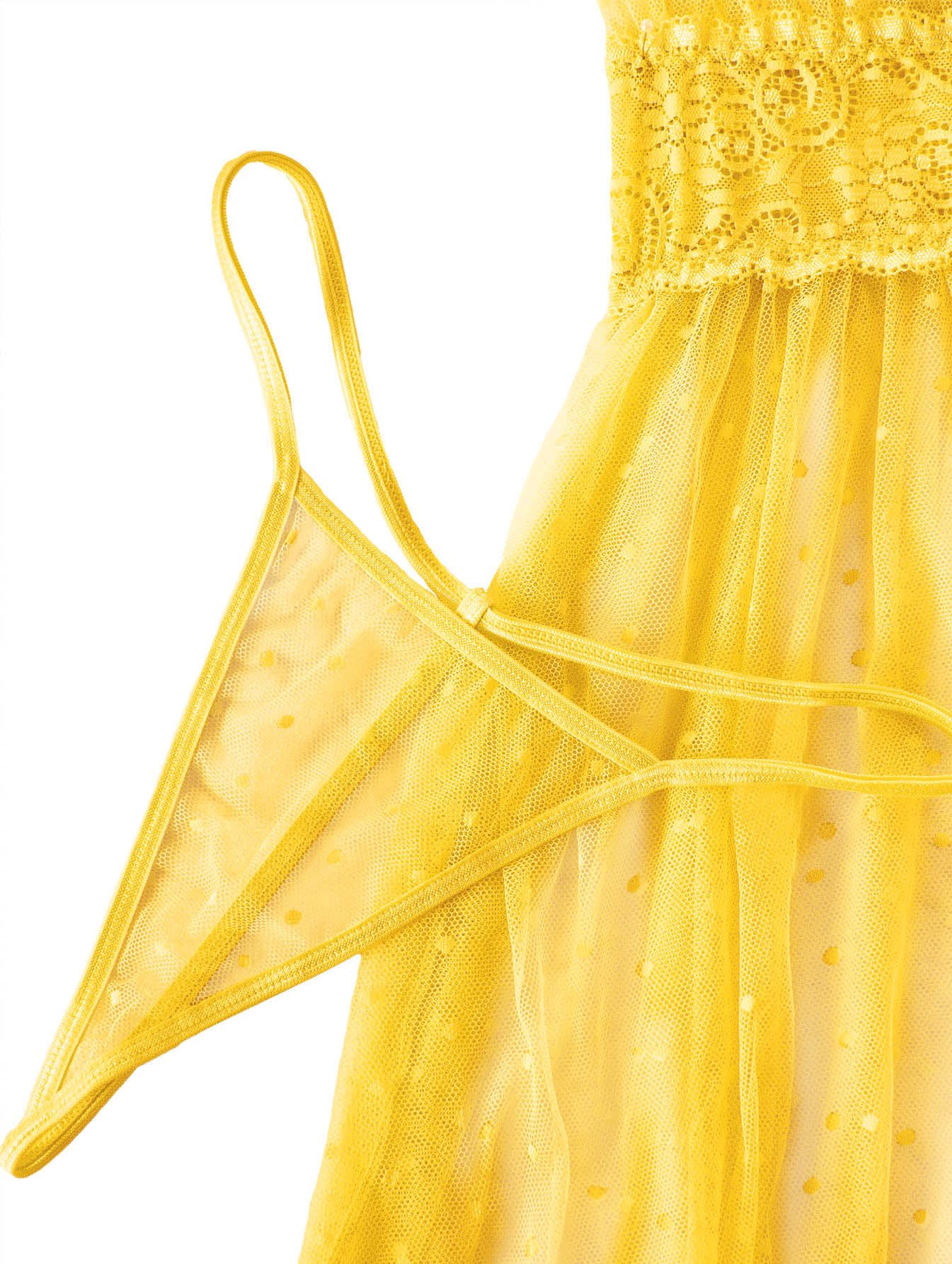 Lilosy Sexy Polka Dots Mesh Sheer Lace Babydoll Chemise Lingerie Set Floral Sleep Wear