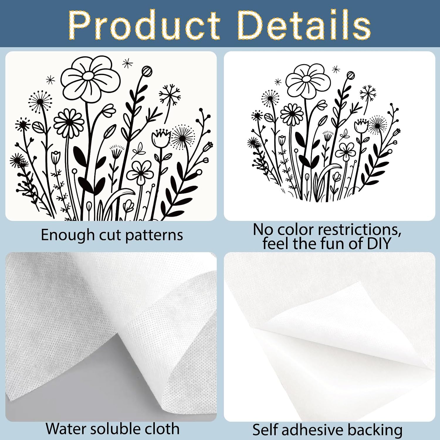 18Pcs Embroidery Paper Flowers Water Soluble Stabilizer Patterns Floral Stick and Stitch Embroidery Papers Wash Away Transfer Patterns Stabilizers for Hand Sewing Beginners 11.7 x 8.3 Inch
