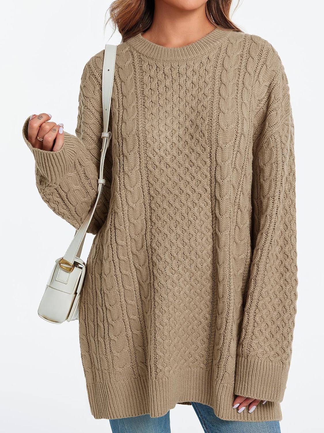 Saodimallsu Womens Oversized Sweaters Chunky Cable Knit Crewneck Long Sleeve Loose Tunic Sweater Tops - Image 3