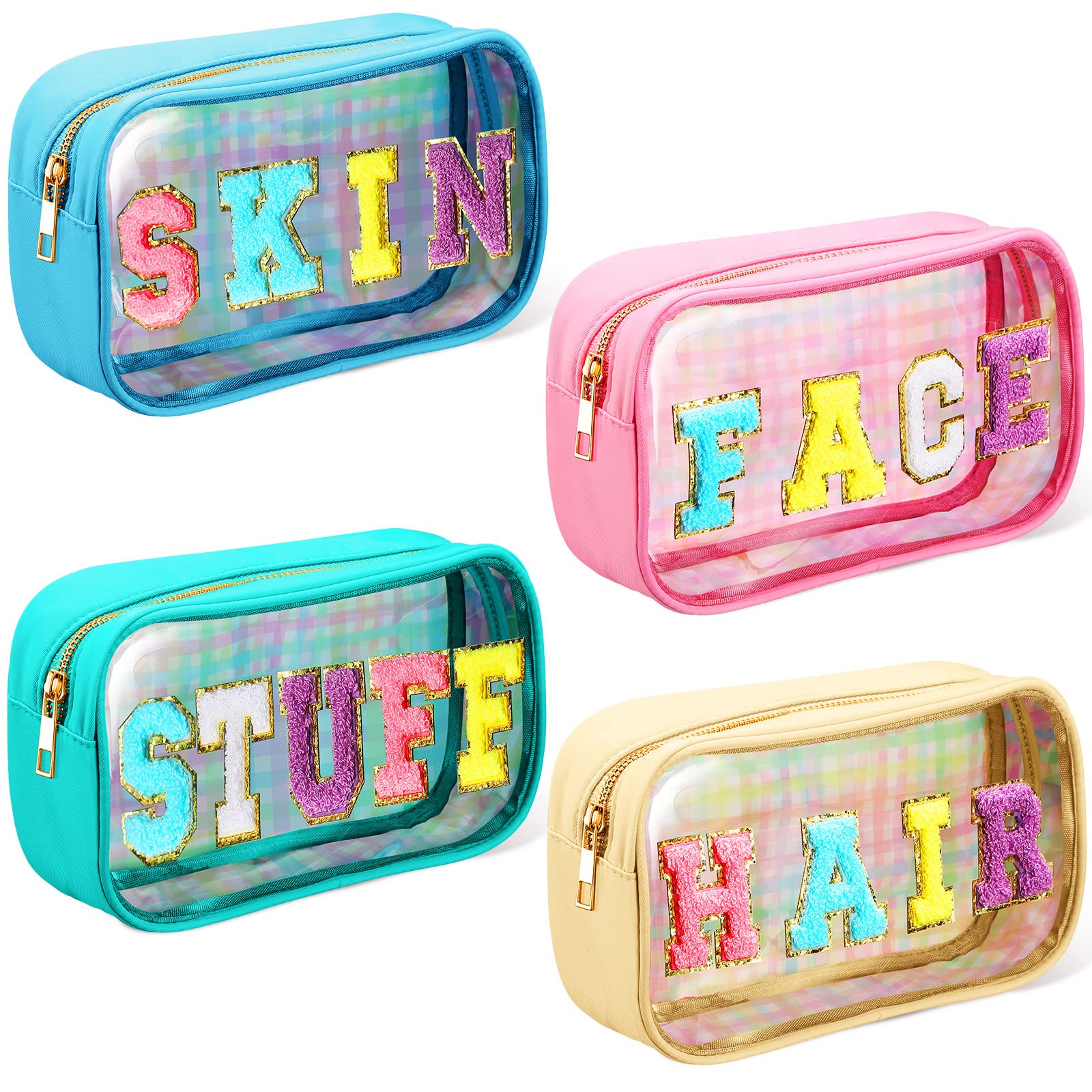 Hillban4 Pieces Chenille Letter Cosmetic Bag Set Nylon PVC Clear Waterproof Makeup Pouch Stuff Hair Travel Bag Zipper Multi Purpose Aesthetics Toiletry Organizer for Women Gym Travel Beach (Multicolor)