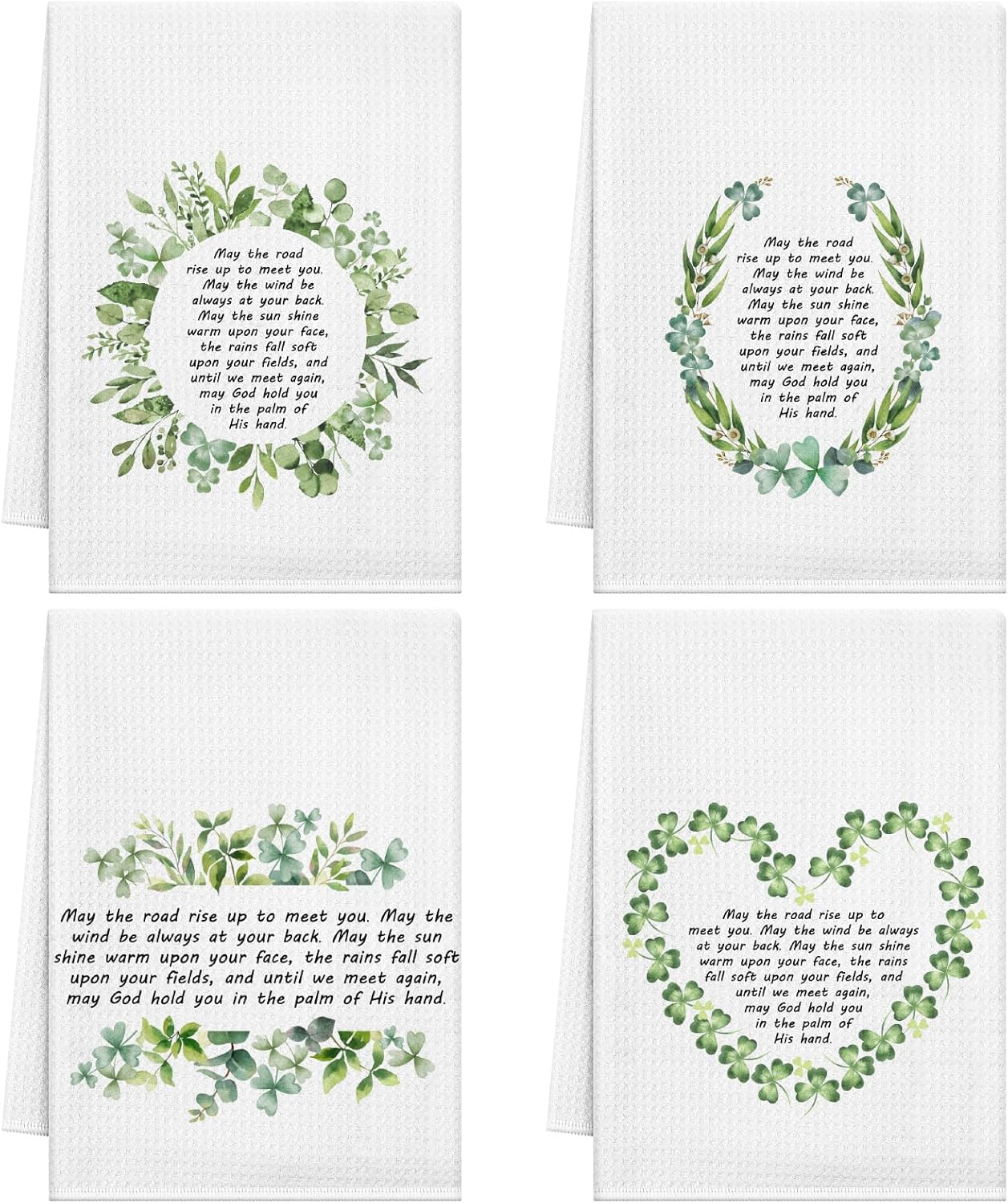 Mimorou 4 Pcs Irish Blessing Kitchen Towel St. Patrick's Day Gifts for Women Ireland Waffle Weave Greeting Dishtowels Irish Hand Lucky Clover Towels for Women Table Decorations 16x24 Inch