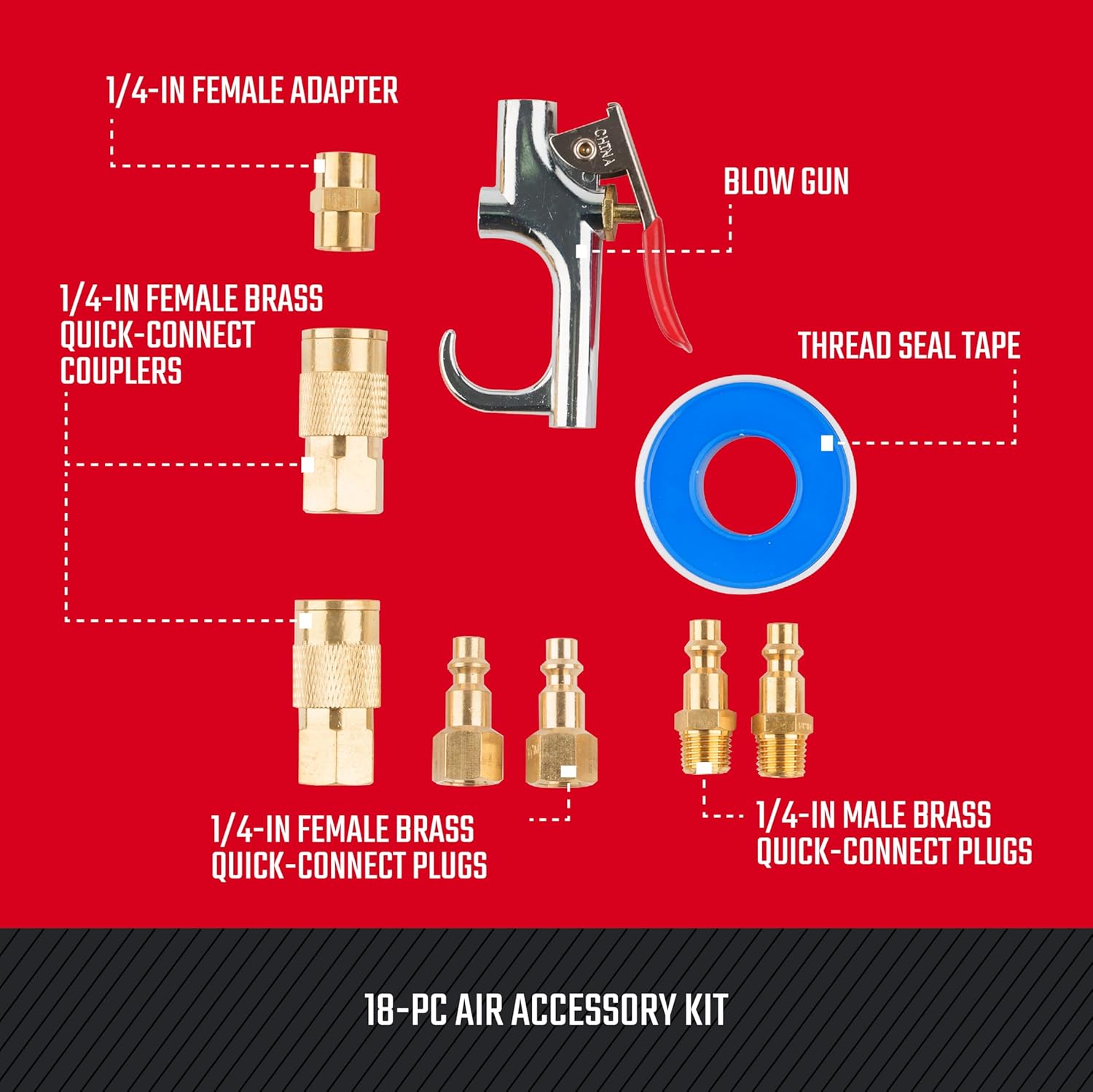 CRAFTSMAN 18-Piece Air Compressor Accessory Kit, Includes Blow Gun, Tire Inflator, Brass Fittings, and Storage Bag