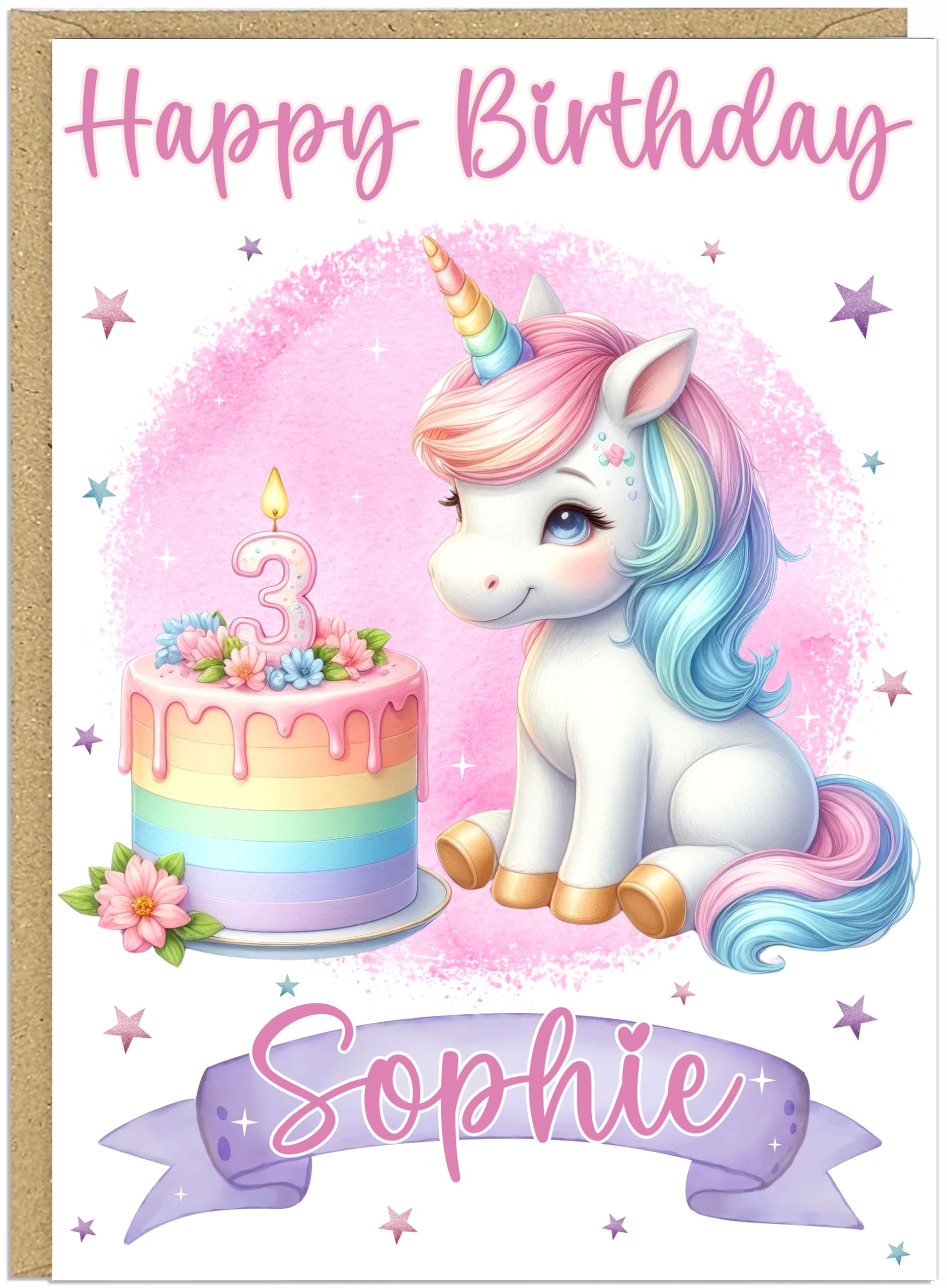 Personalised Cute A5 Unicorn Happy Birthday Cards for Little Girls - Custom Own Name & Age 1-12 Years Designs - Cute Girly Greeting Cards For Her (Age 3)