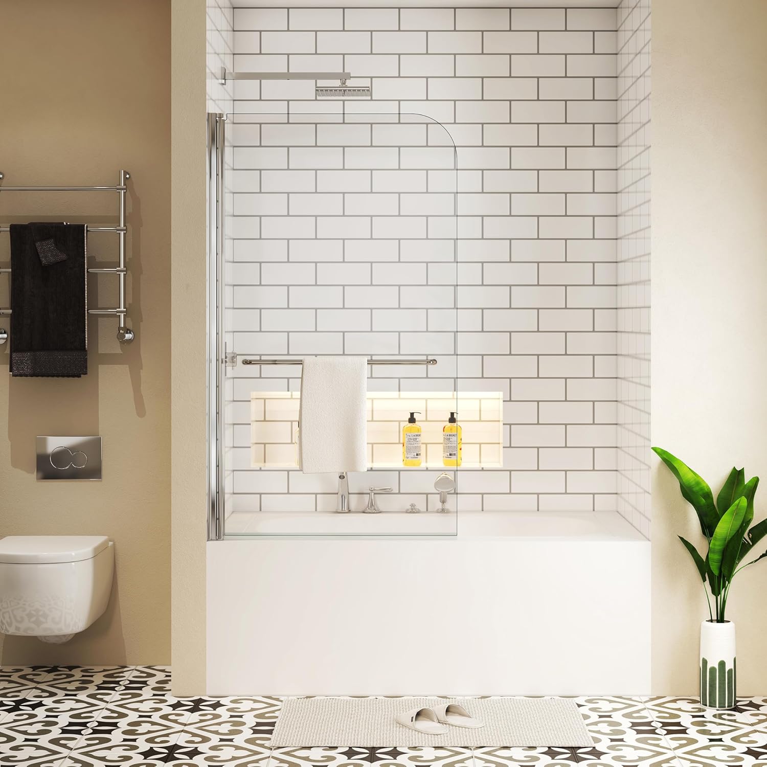 34" W x 58" H Pivot Tub Shower Door | Frameless 6mm Tempered Glass Folding Screen | Chrome Towel Bar | Easy Install