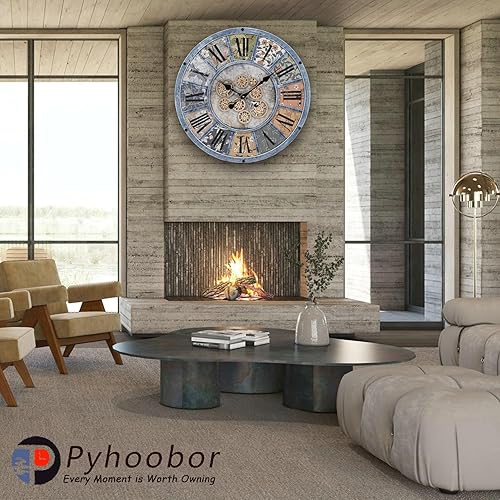 Miniatura 6 de Unique Moving Gear - Reloj de pared redondo grande de 21 pulgadas, funciona con baterías. Decoración industrial retro estilo casa de campo Steampunk
