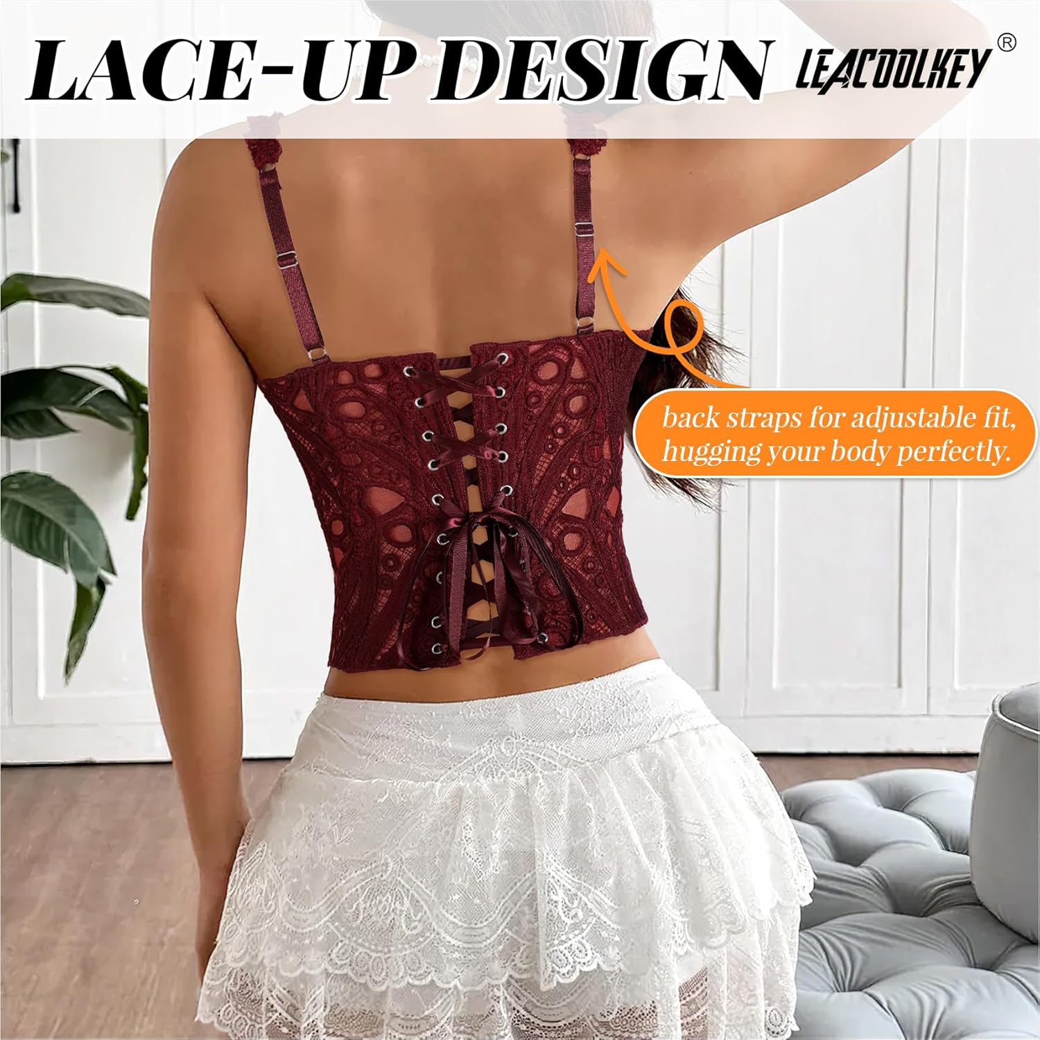 LEACOOLKEY Lace Corset Top for Women Sexy Sheer Floral Bustier Going Out Lace-up Bralette Club Party Concert Crop Top - Image 5