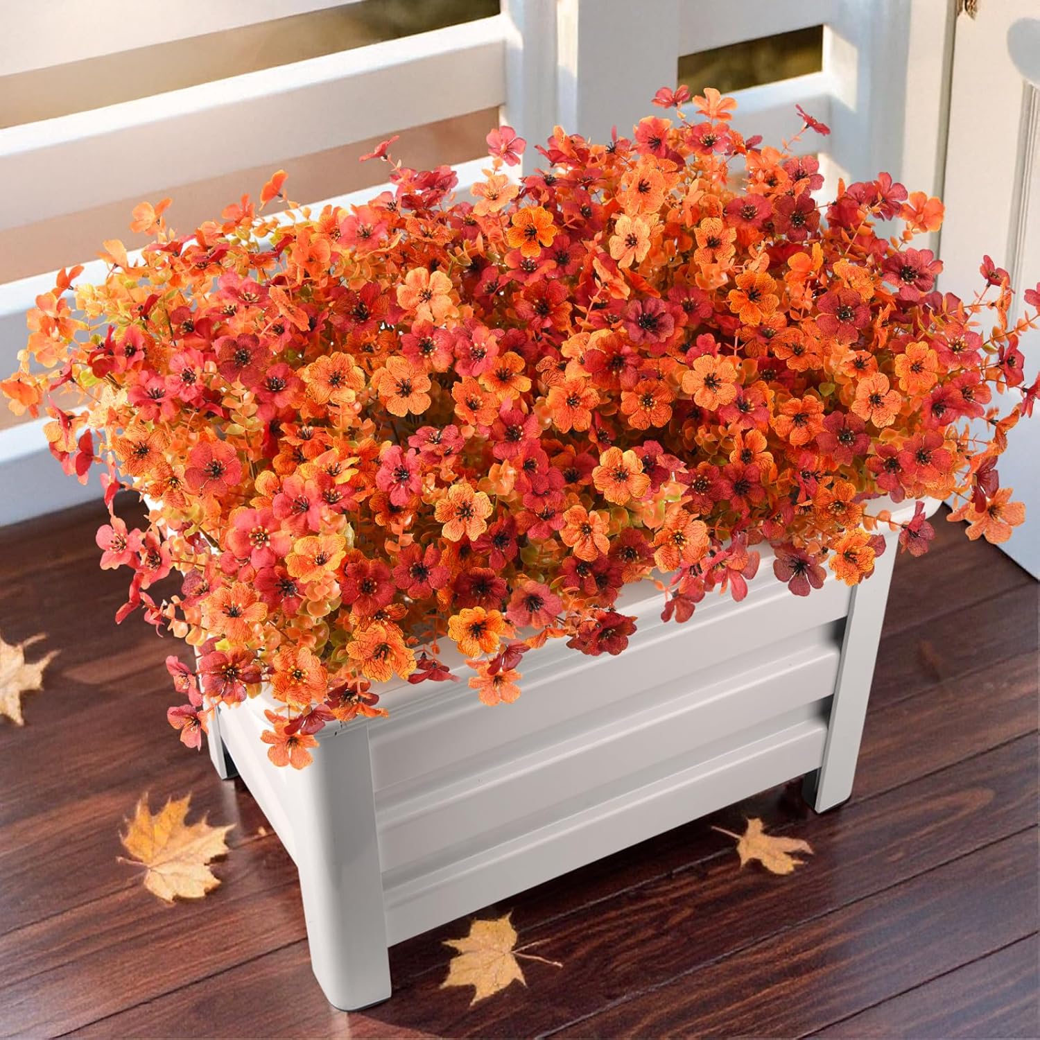 Artificial Fall Flowers for Outdoor, 12 Bundles Multicolor Fake Fall Plants for Decoration, UV Resistant No Fade Faux Mums Silk Flower for Autumn Porch Patio Planters Yard Garden(Orange Autumn Red)