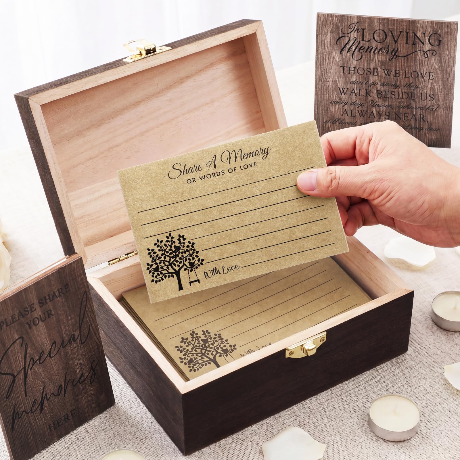 Gerrii Set di 65 biglietti di memoria per celebrazione della vita, con targa, albero della vita, 2 cartelli in legno con 2 supporti per 60 carte che un arto ha caduto scatola dei ricordi dall'albero