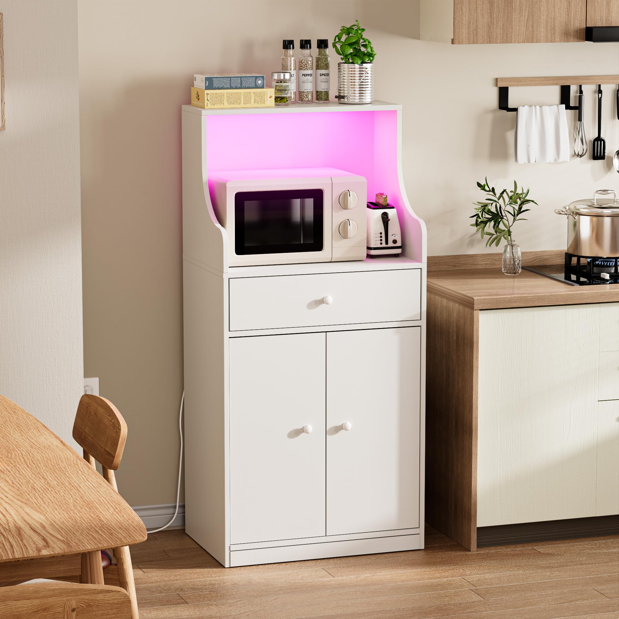 Küchen Möbel Küchenschrank Buffetschrank mit Steckdose und LED-Lichtleiste Küche Sideboard mit 1 Schubladen 1 Großer Schrank und Mikrowellenregal 60x 40x123 cm Anrichte für Esszimmer, Wohnzimmer Weiß