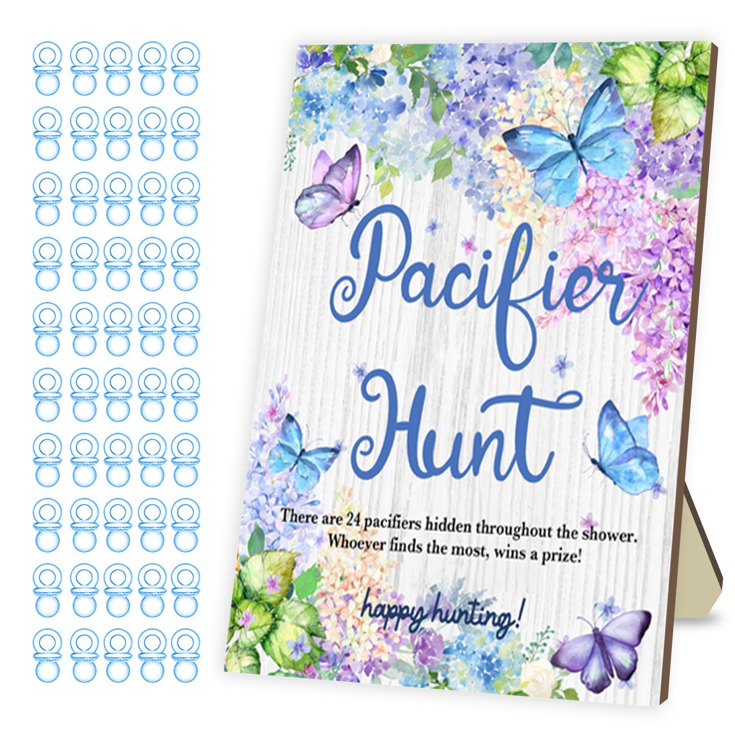 Baby Shower Games Pacifier Hunt Game Games for Baby Shower or Gender Reveal Baby Pacifier Hunt Sign Wooden 50 Blue Acrylic Pacifiers for Party Games Blue Butterfly Design