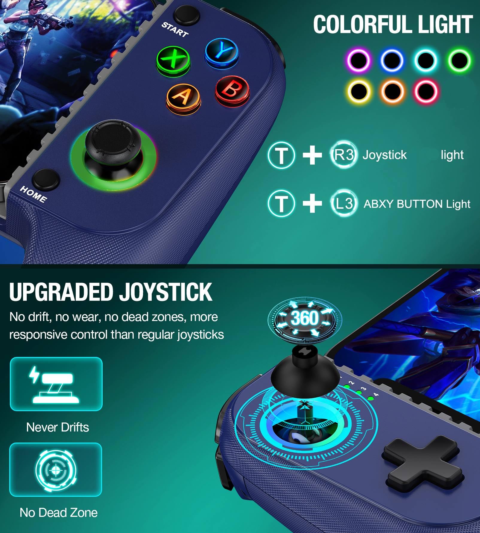 AIfasterfly Controller di gioco mobile wireless per iPhone/Android, controller di gioco effetto Hall, custodia per telefono, adatto per Steam Link, Roblox, Call of Duty e altro, blu