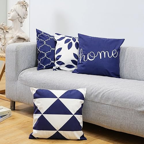Juego de 4 fundas de almohada geométricas azul oscuro de 16 x 16 pulgadas, funda de almohada decorativa para el hogar, sofá, porche, dormitorio,