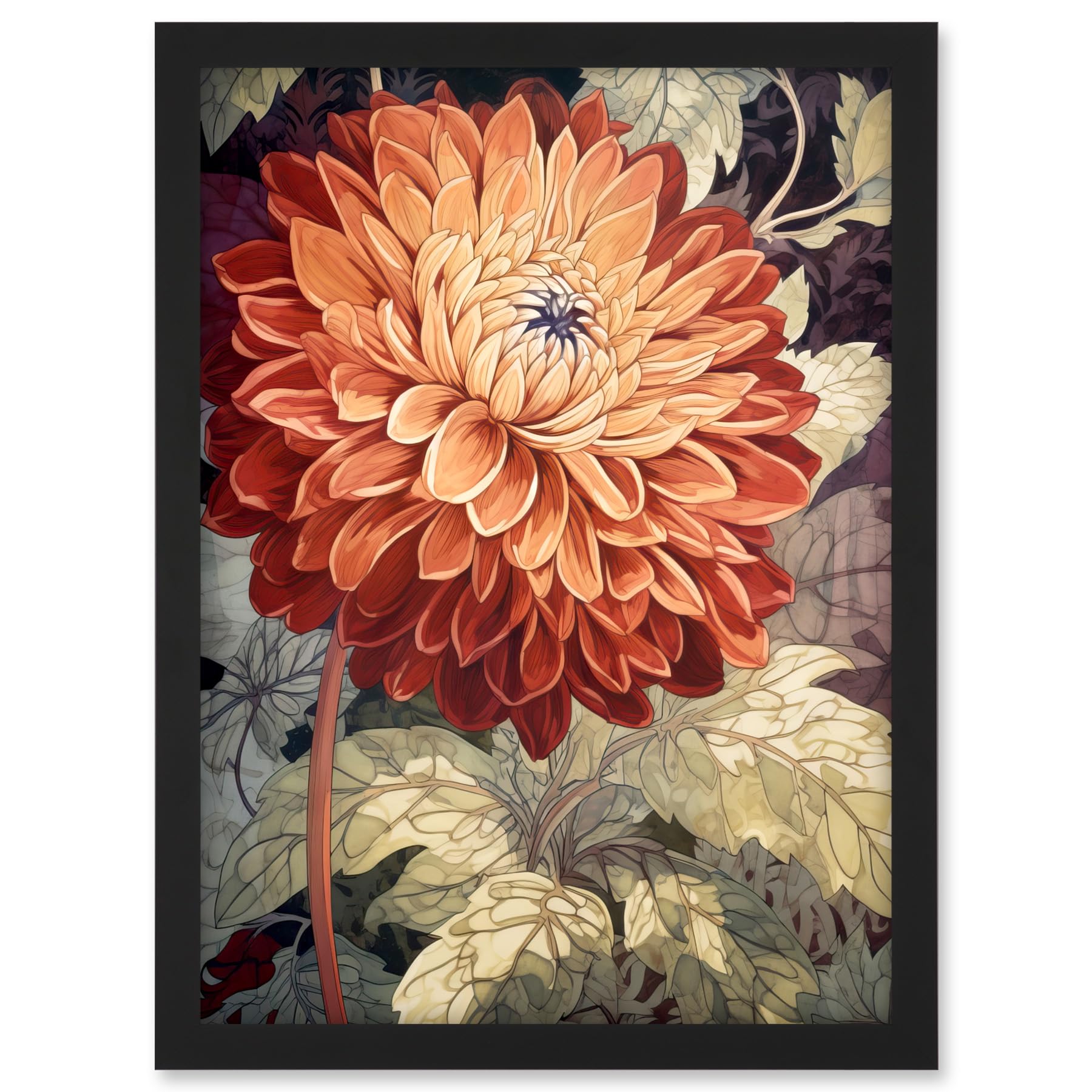 Artery8 Orange Dahlia Flower Watercolour Illustration Artwork Framed A3 Wall Art Print