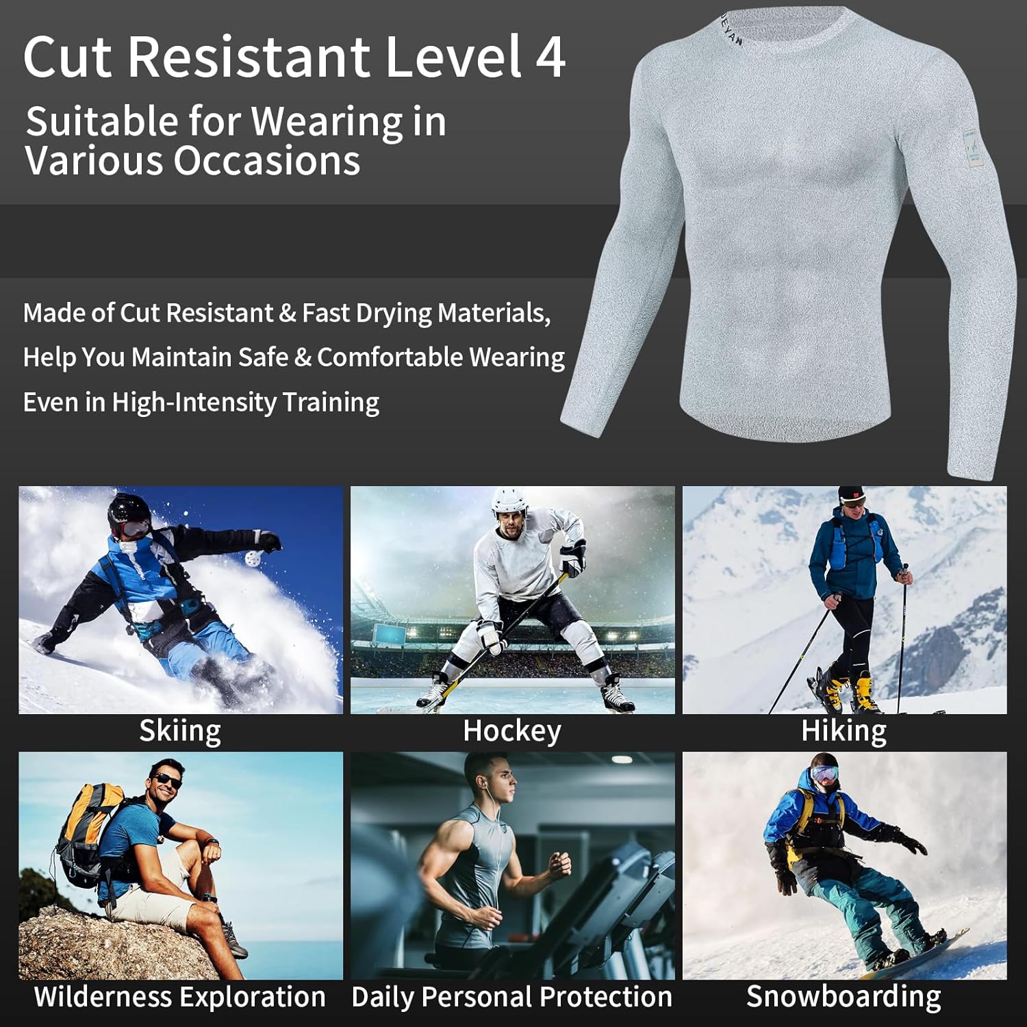 DEYAN Cut Resistant Base Layer Shirt, Level-4 Cut-Proof Protection, Unisex Athletic Compression Top