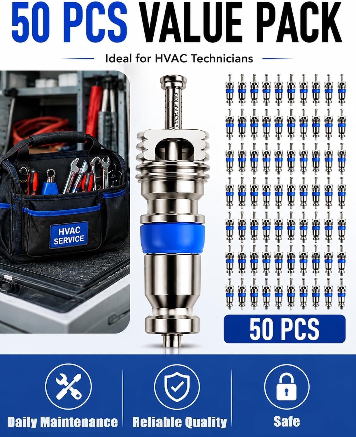 50pack HVAC Valve Core Kit for R410A R32 R22 Refrigerant Systems, High Pressure Schrader Valve Cores with Teflon Seal, Leak Resistant AC Replacement Parts for Air Conditioning