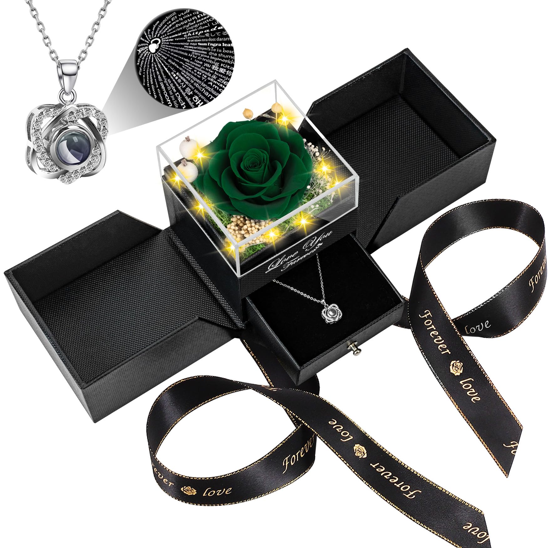 Lebana Preserved Real Green Rose Birthday Gifts for Women Wife Her Mum Girlfriend Girl Grandma with I Love You Heart Necklace Eternal Rose Flowers on Anniversary Valentine's Day Mothers Day Christmas โ image 1