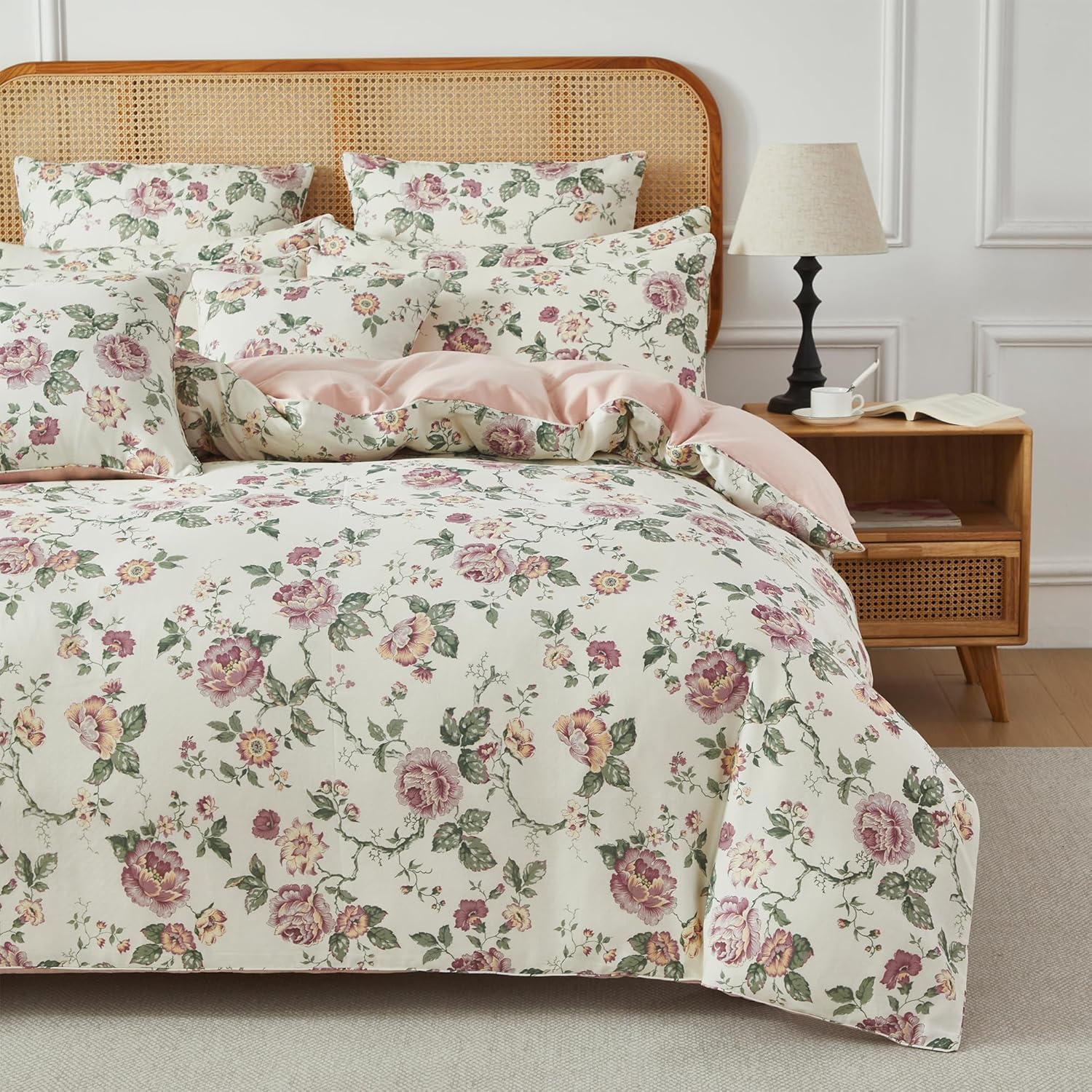 USTIDE Vintage Rose Pink Floral Duvet Cover Set 3 Piece King Size, 100% Cotton Soft Breathable Bedding Set with Zipper Closure & Corner Ties โ image 1