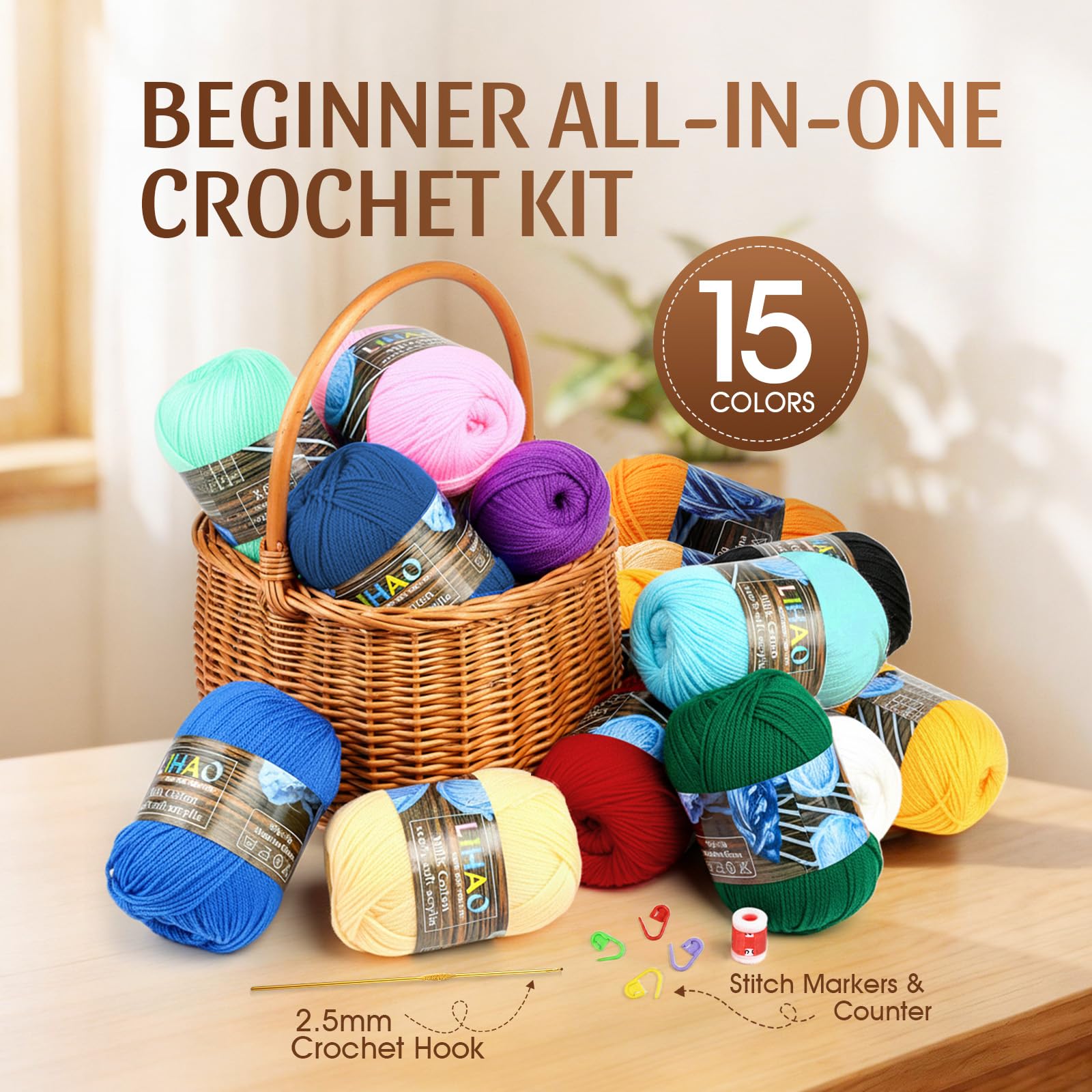 LIHAO 15 matasse di filato di cotone per uncinetto, lavori a maglia, kit all'uncinetto per principianti, con uncinetto e segnapunti (150 m per gomitolo)