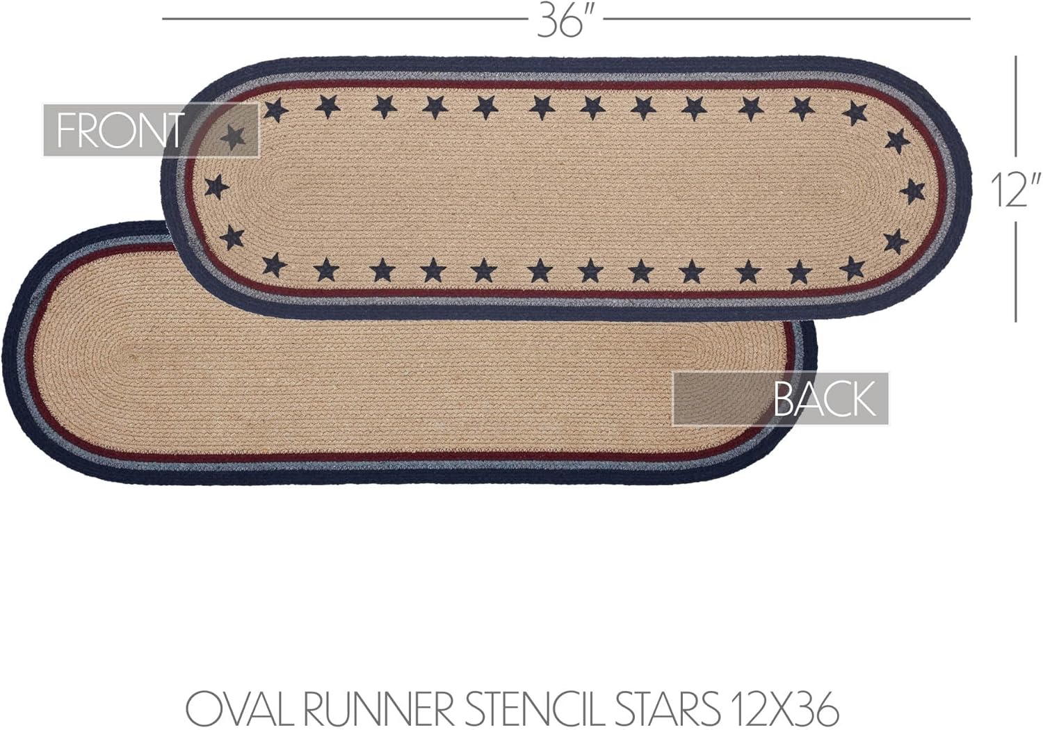 VHC Brands Braided Cotton Table Runner 12x36, Cotton Dining Room, Kitchen Table Runner, Jute Style, Farmhouse, Stenciled, My Country Collection, Rectangle 12x36, Stars, Navy