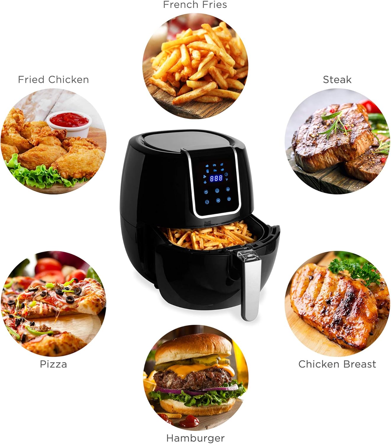 Collage of various foods cooked in the Best Choice Products Digital Air Fryer, including French fries, fried chicken, steak, pizza, hamburger, and chicken breast.