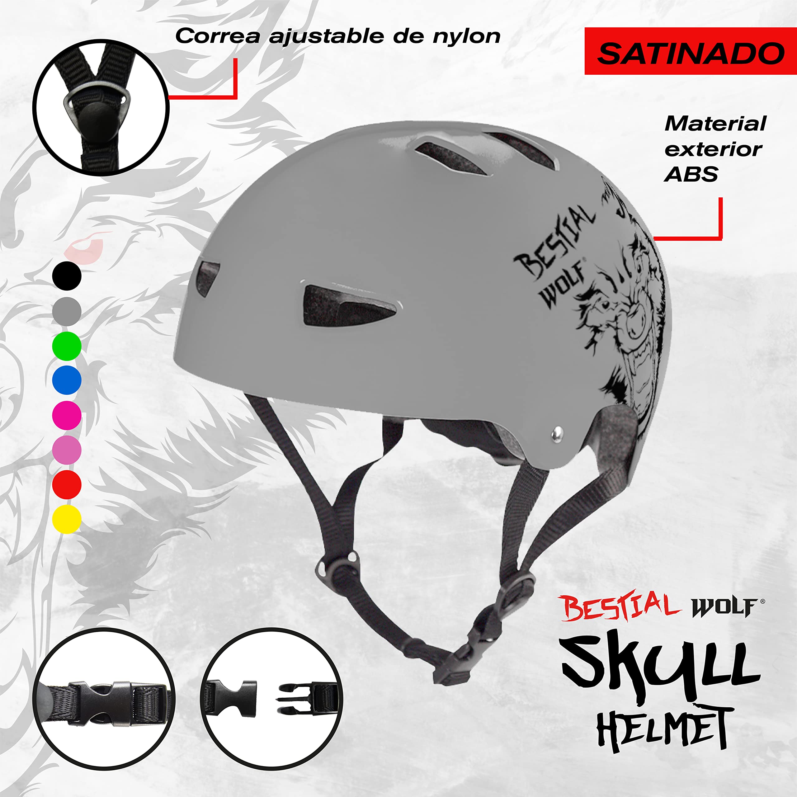 Bestial Wolf | Casco | Skateboard | Monopattino Bambino Freestyle | Skate | Monopattino acrobatico | BMX | Omologato CE | Sport e Outdoor | Regolabile Unisex | 8 a 99 anni