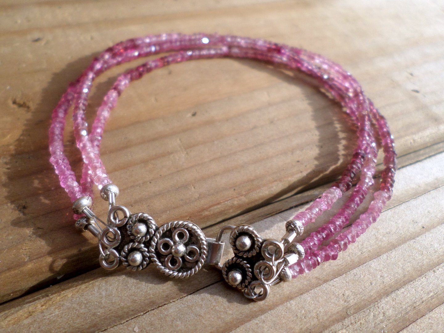 Pink Tourmaline and Sterling Silver Bracelet Multi Strand