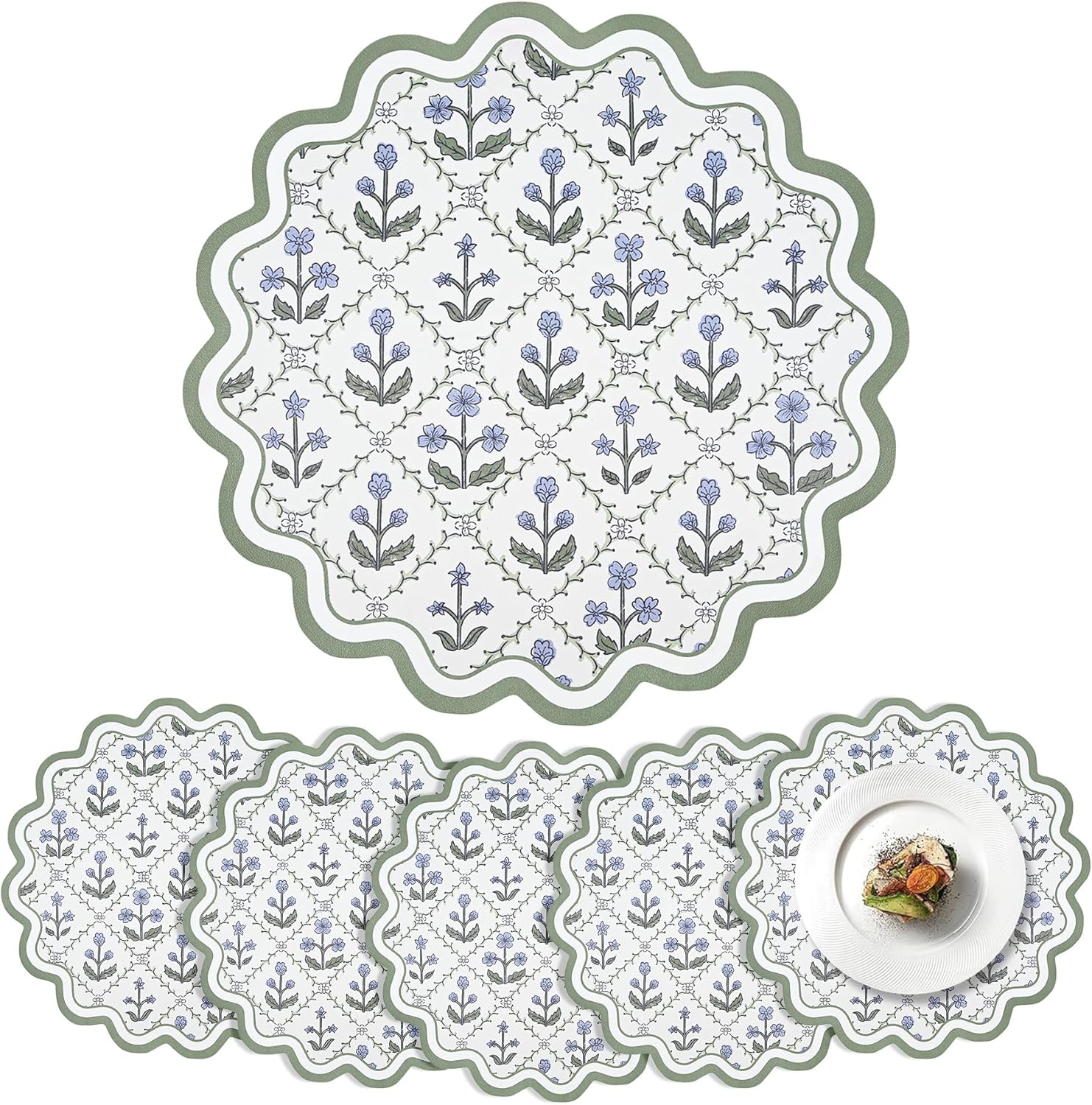 Set of 6 Agate Green Vinyl Placemats 13 Inch Round Scalloped Edge Floral Embroidery Placemats Washable Flower Faux Leather Table Mats Heat Resistant for Table Setting Wedding Bridal Shower Party Decor