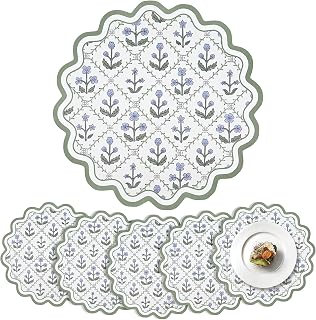 Set of 6 Agate Green Vinyl Placemats 13 Inch Round Scalloped Edge Floral Embroidery Placemats Washable Flower Faux Leather Table Mats Heat Resistant for Table Setting Wedding Bridal Shower Party Decor
