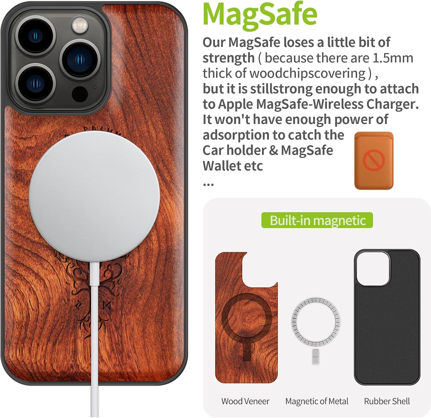 Carveit Magnetic Wood Case for iPhone 13 Pro Case [Hard Real Wood & Soft TPU] Unique & Classy Wooden Shockproof Hybrid Protective Cover Compatible with MagSafe (Viking Compass Vegvisir-Rosy)