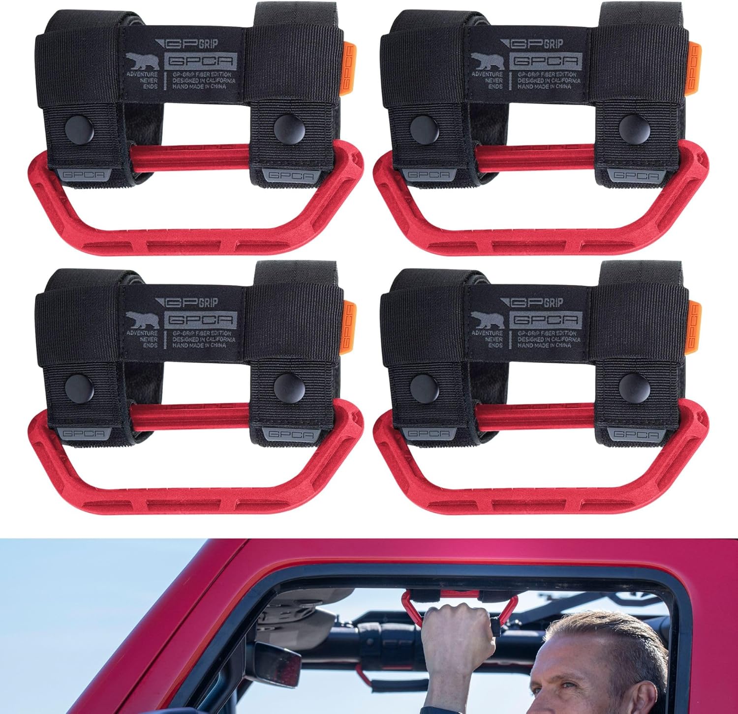 GPCA Universal Grab Handles for Jeep Wrangler TJ YJ JK JL JT (1955-2023) –Easy-to-Fit 2-Strap Design for 1–5.5” Roll Bars, Versatile Grab Handle 4x4 Accessory for UTV ATV Boat (4PC-Firecracker Red)