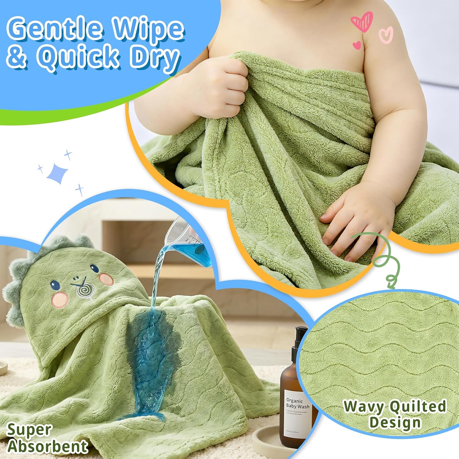 Toddler Hooded Bath Towels 9PCS | 55" x 27.5" Absorbent Hooded Baby Towels for Newborn Toddler Kid,Ultra Soft Gift for Boy Girl 0-6 Year,Dinosaur&Elephant&Lion