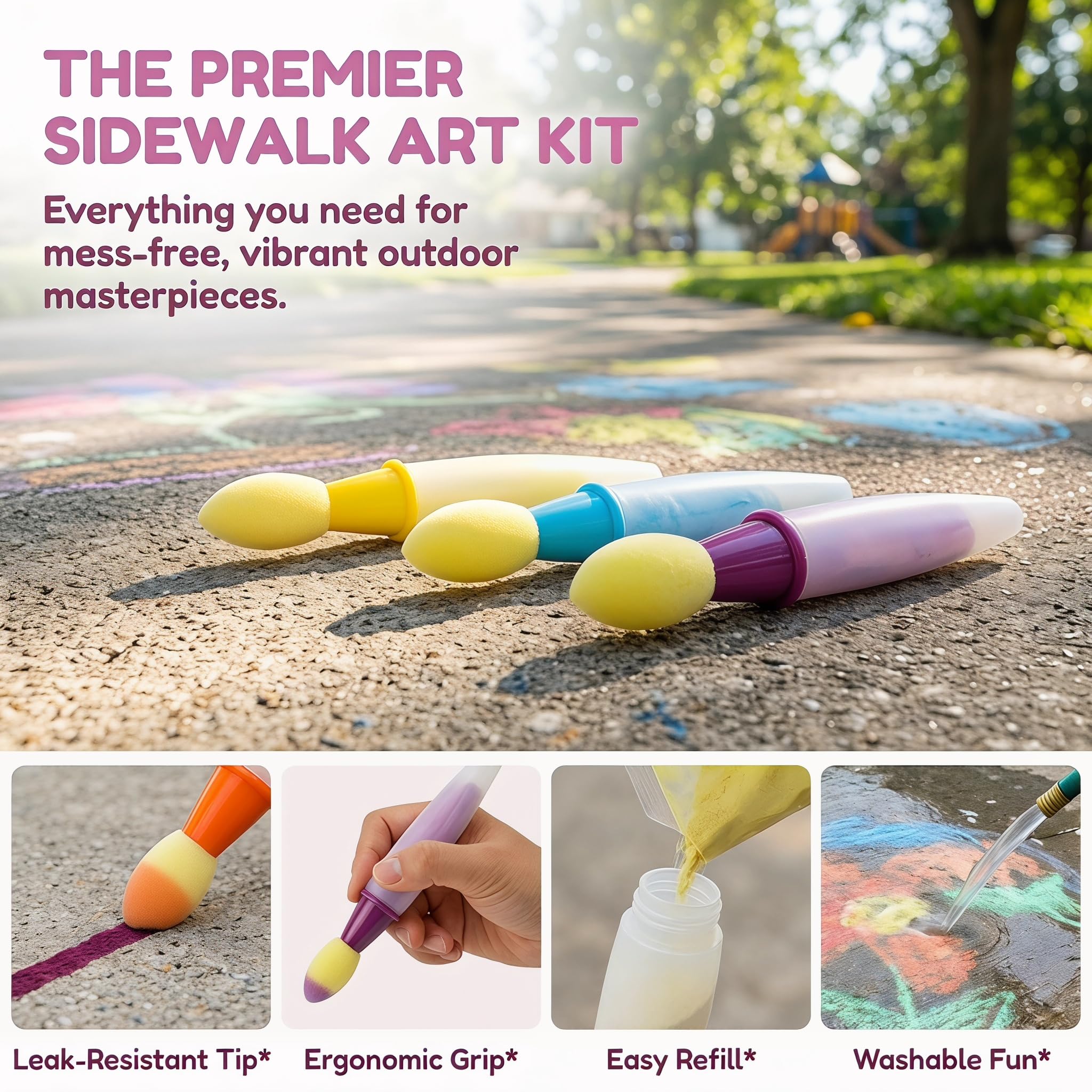 Pintura de Tiza para aceras, 9 Pinceles Lavables con Polvo de Tiza, Reutilizables. Solo Hay Que añadir Agua para Usar. Fácil de Limpiar para Que los niños creen Arte al Aire Libre. (3PCS)