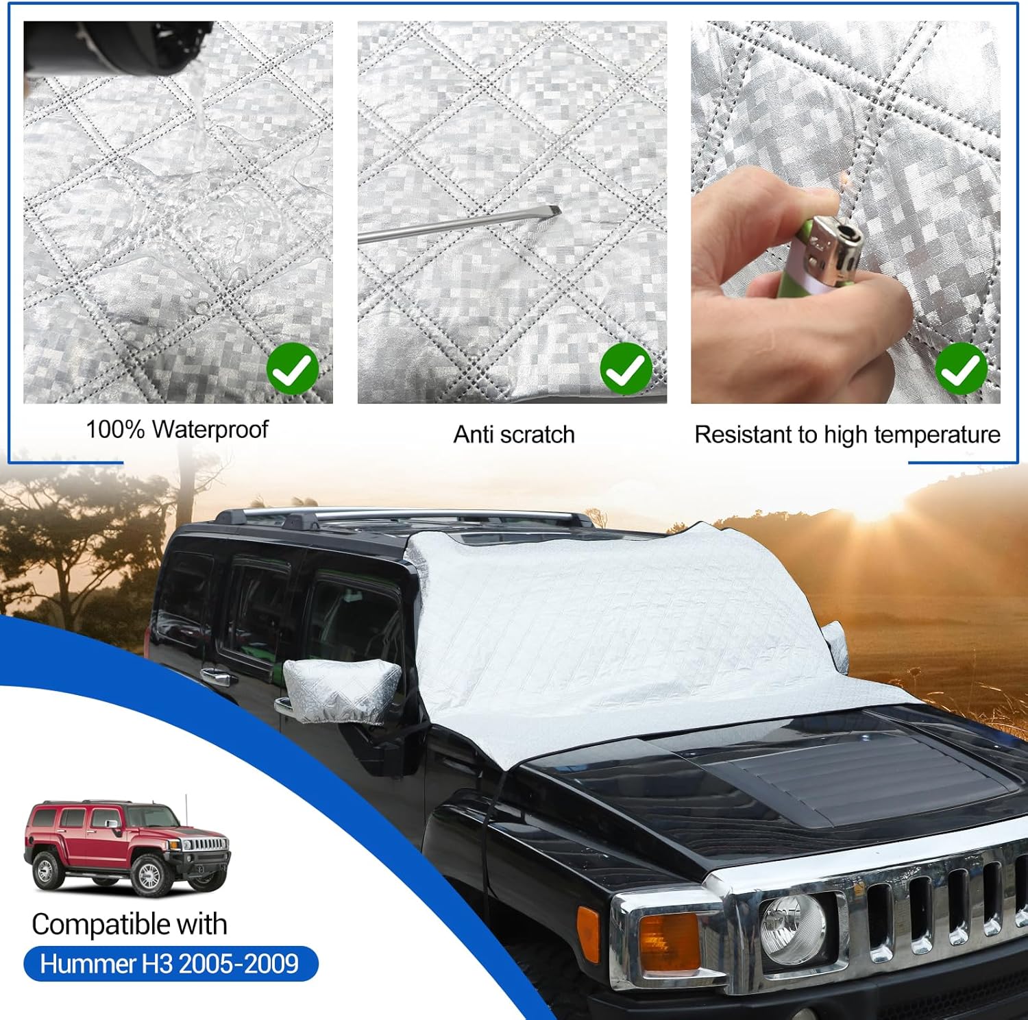 Windshield Snow/Sunshade Cover Fit for Hummer H3 2005-2009, Front Windshield Protector, Car Front Windshield Cover from Snow, Rain, Sun, with Tool Free Installation(Fit for H3)