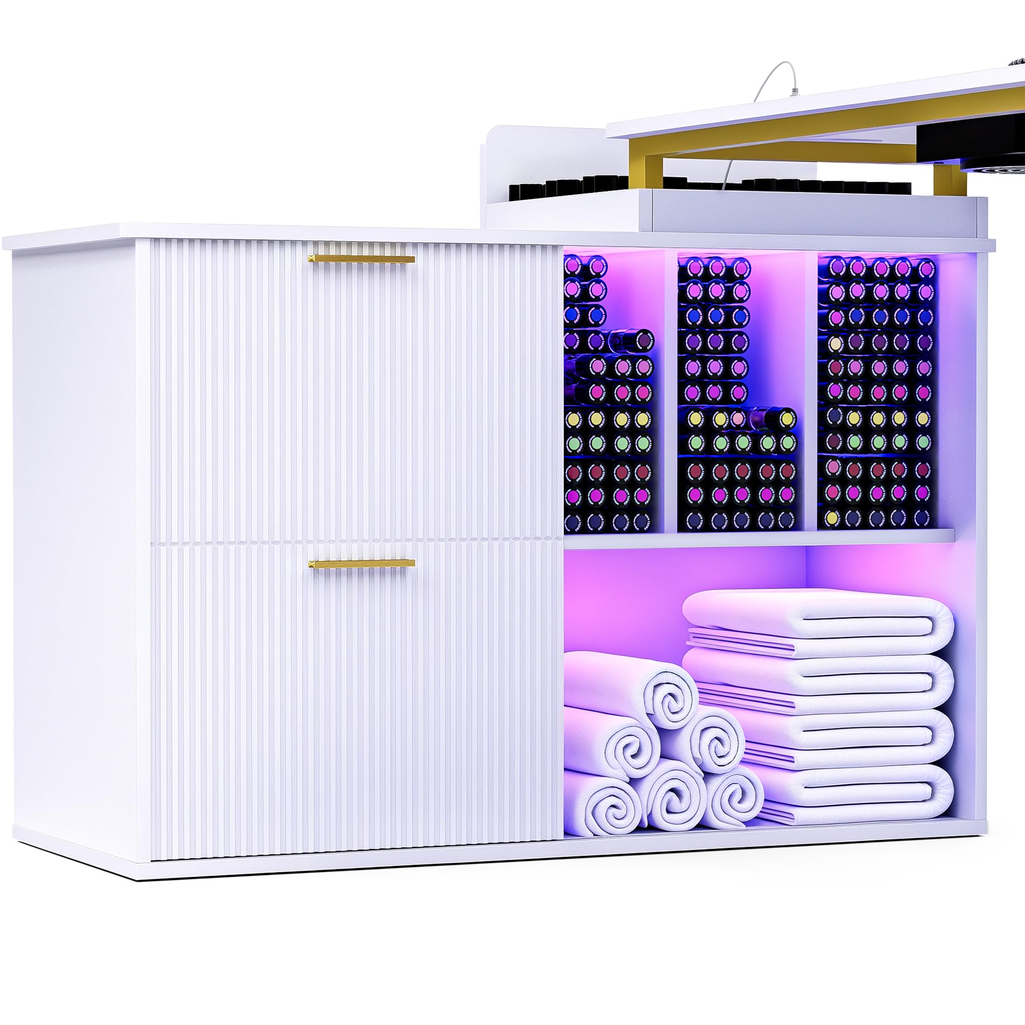 Nageltisch mit Staubabsaugung RGB App-Steuerung, Längenverstellbarer Manikürtisch mit Schrank, Großer Stauraum für Profi Nagelstudio & Nageldesign, Weiß