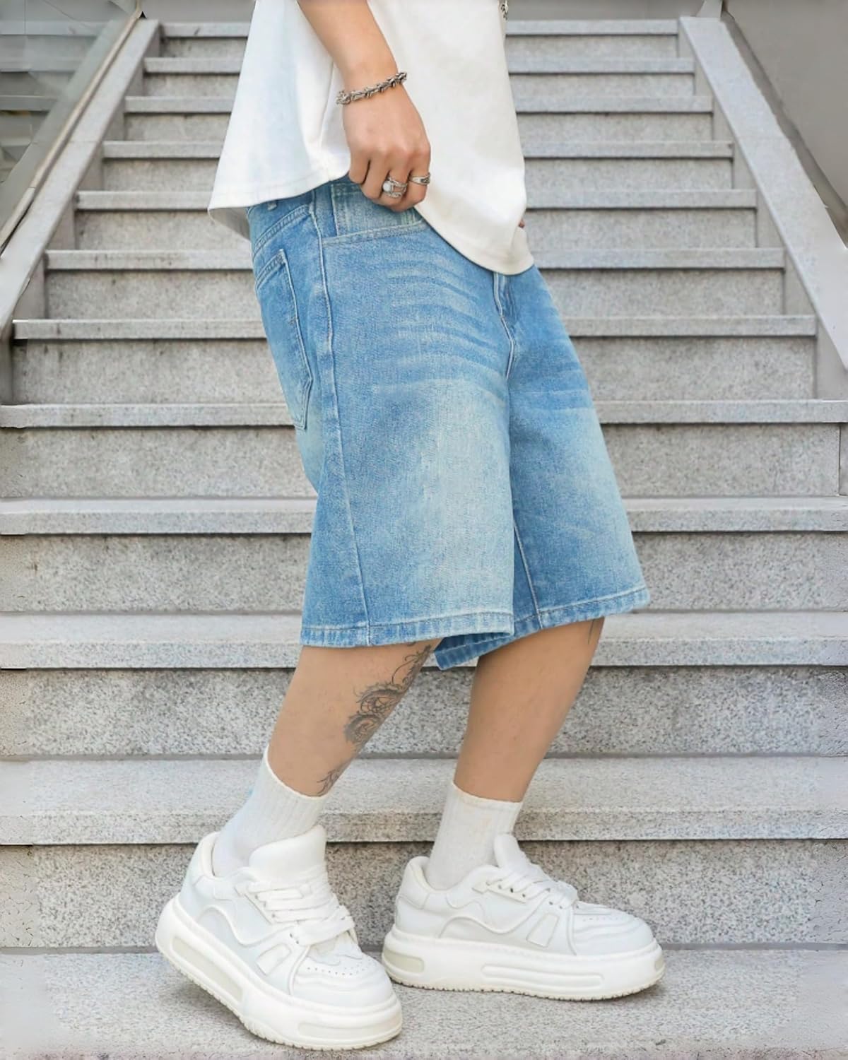 Mens Baggy Jean Shorts Loose Fit Vintage Wide Leg Jorts Y2K Streetwear Hip Hop Casual Long Denim Shorts - Image 5