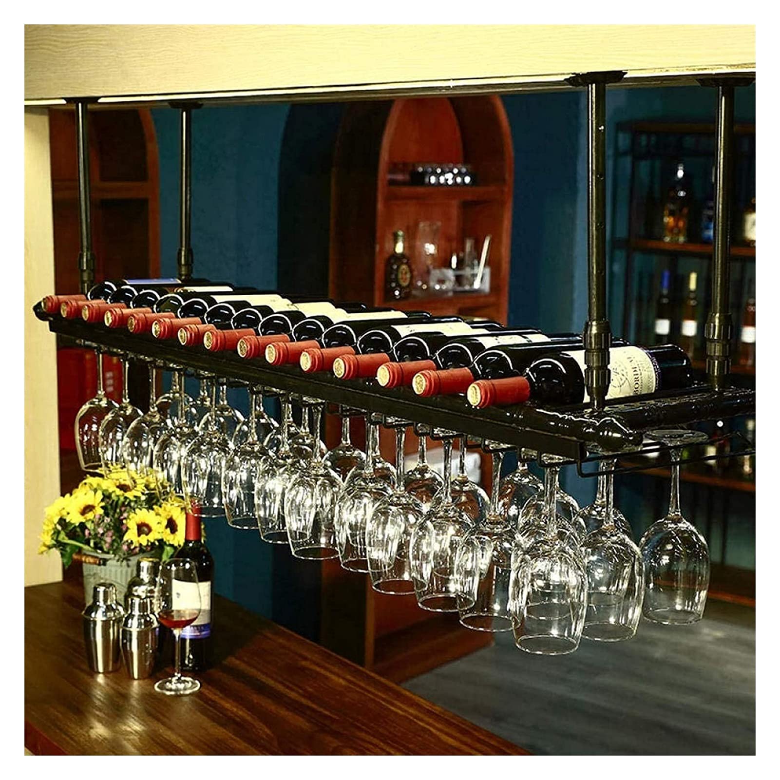 Estante para vinos de techo industrial MObyat con soporte para copas para bar