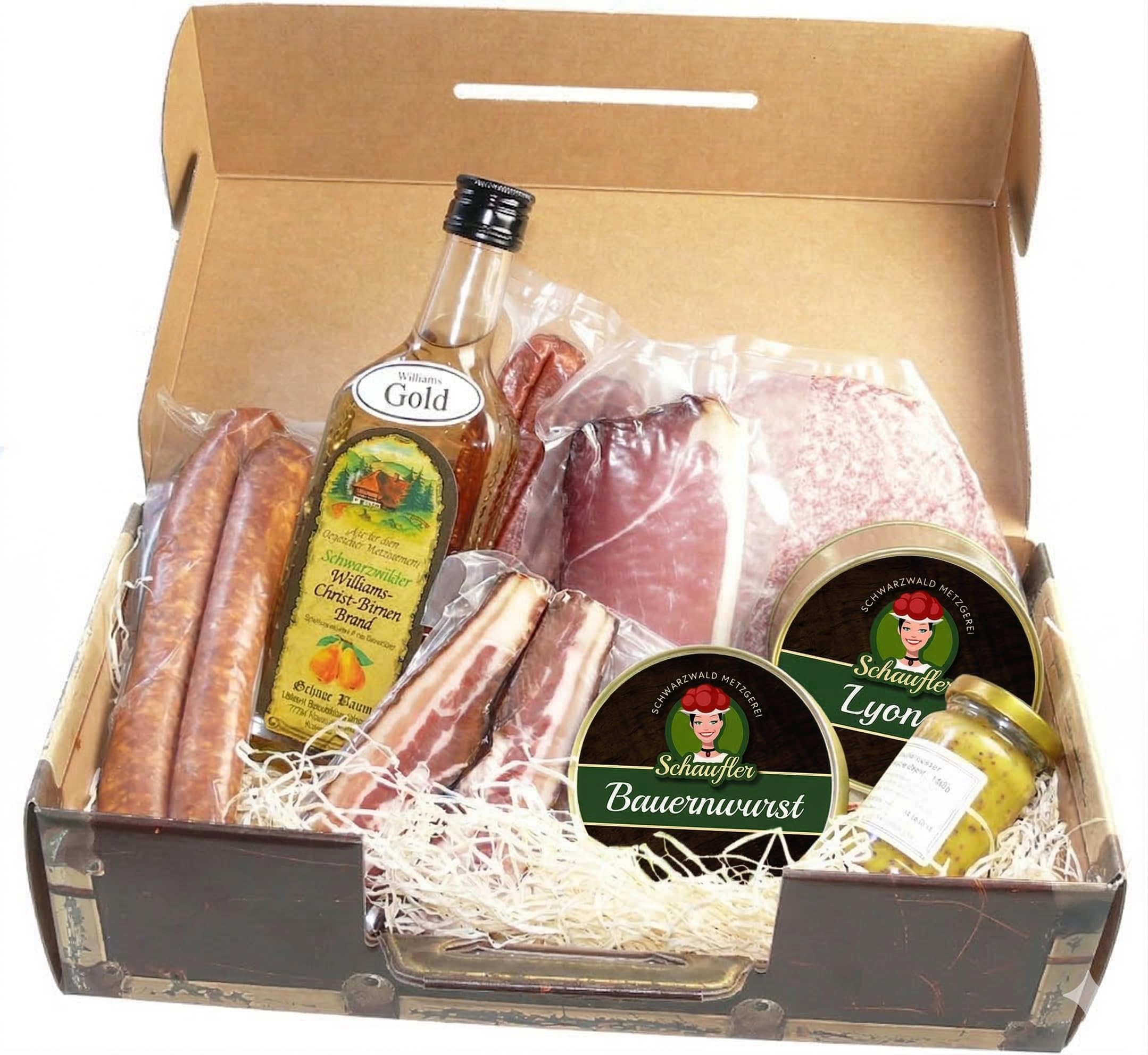 Schwarzwald Metzgerei Geschenkset Brotzeit 9-teilig mit Wurstspezialitäten Senf Williams Schnaps