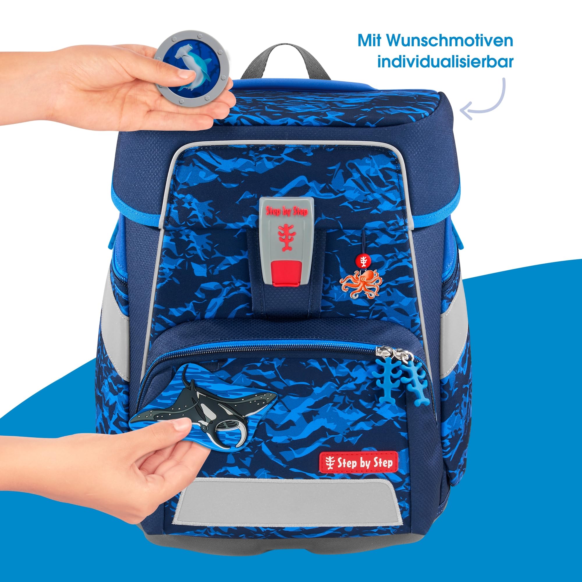 Step by Step SPACE Manta Rio zestaw z tornistrem szkolnym, 5-częściowy, niebieski, 20 l, ergonomiczny zestaw z tornistrem podwodnym z elementami odblaskowymi i pasem biodrowym