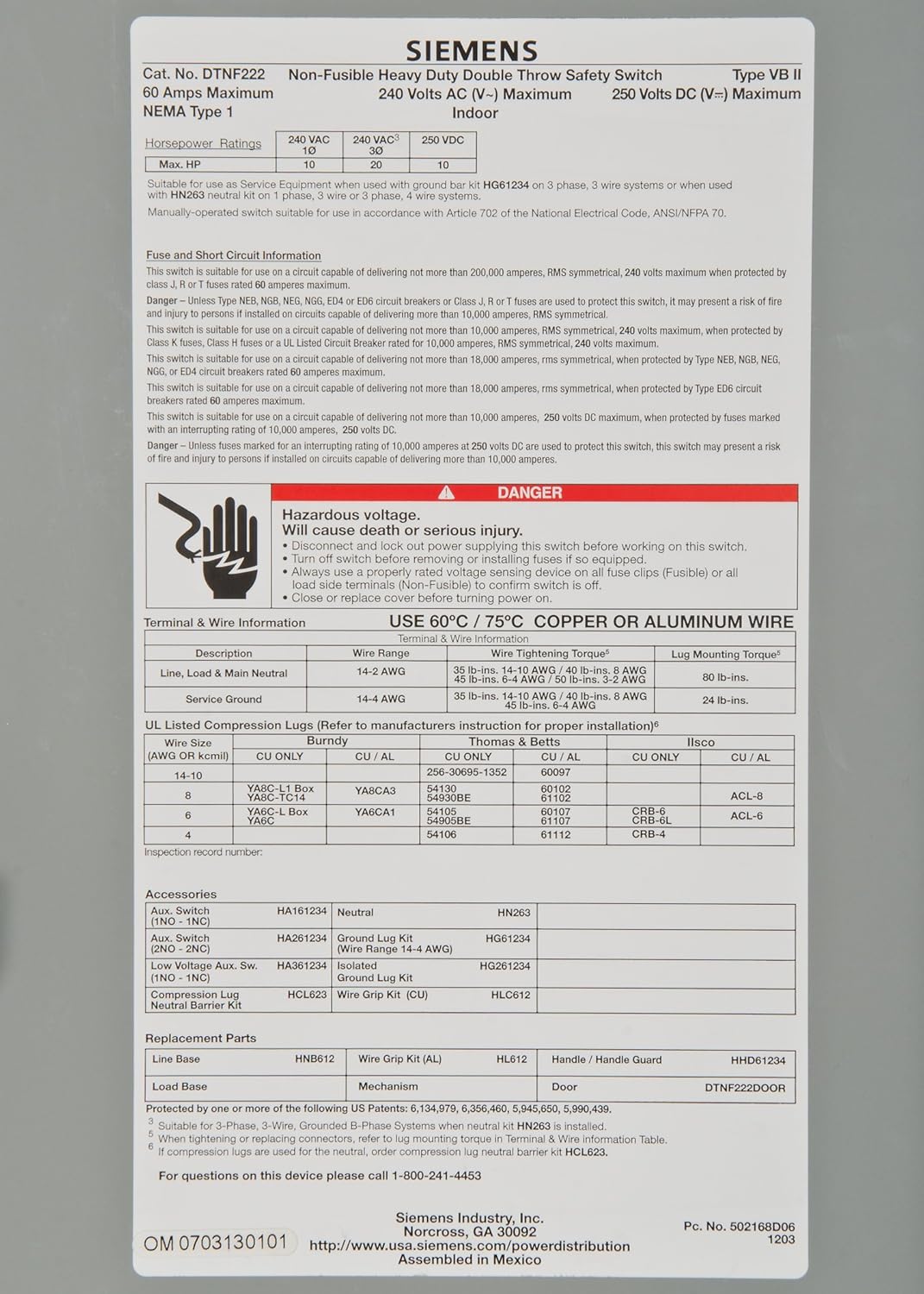 Siemens DTNF222 60-Amp 2 Pole 240-volt 2W Non-Fused Double Throw Safety Switches