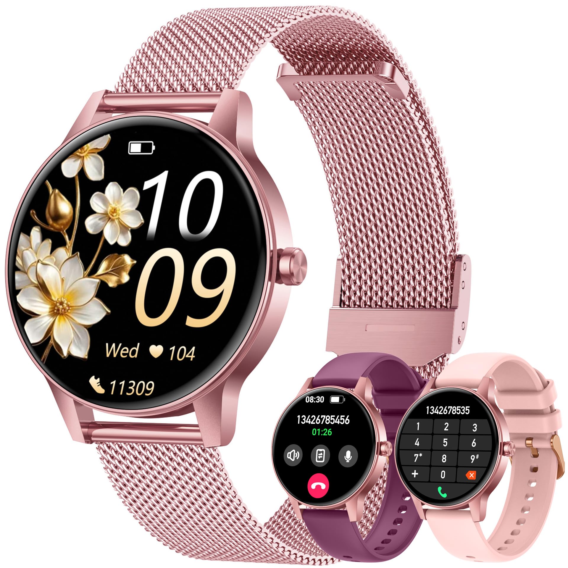 Smartwatch Donna Orologio Chiamate Bluetooth: 1,27" Tondo Touch Orologi Smart Watch da Impermeabile Sport Fitness Contapassi Cardiofrequenzimetro Pressione Caloriec Rosa Polso per Android iOS Telefono