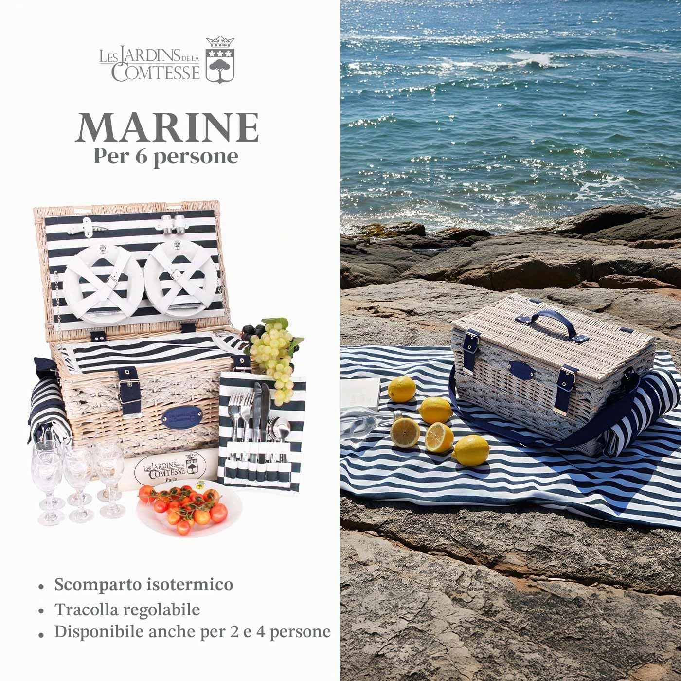 Les Jardins de la Comtesse - Cestino da picnic "Marine" per 6 persone, completo con scompartimento isotermico - Dimensioni:50x35x26cm