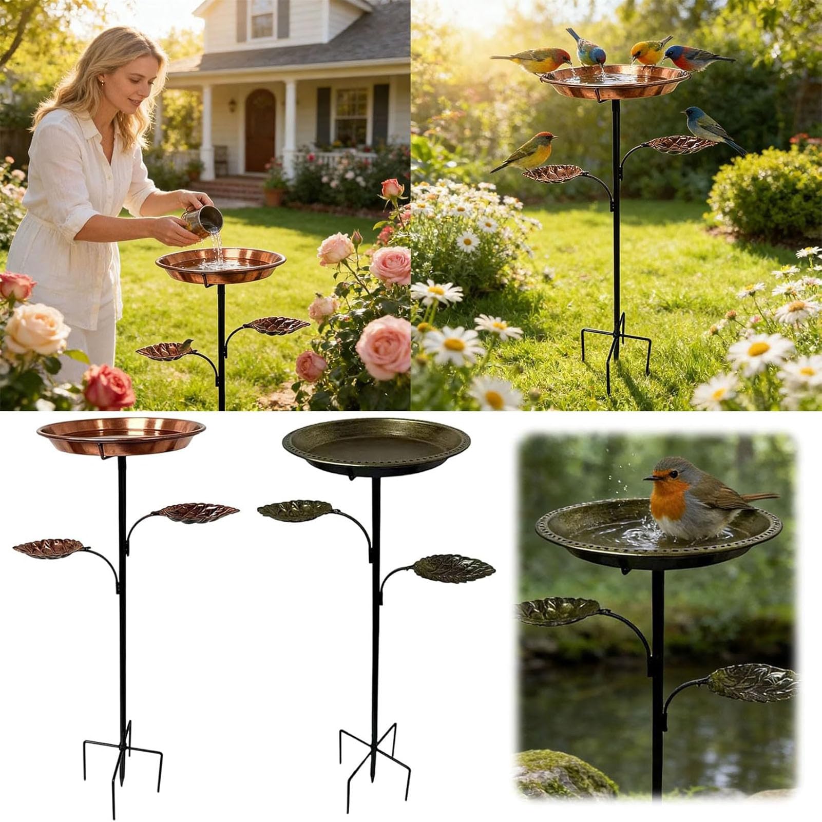Bebederos para Aves de Hierro Forjado con Aspecto de Cobre, Bebedero Independiente para Aves de Estilo Retro, Bebedero para Aves para Clavar en el Suelo para jardín y Patio,Bronce,93 x 30 cm