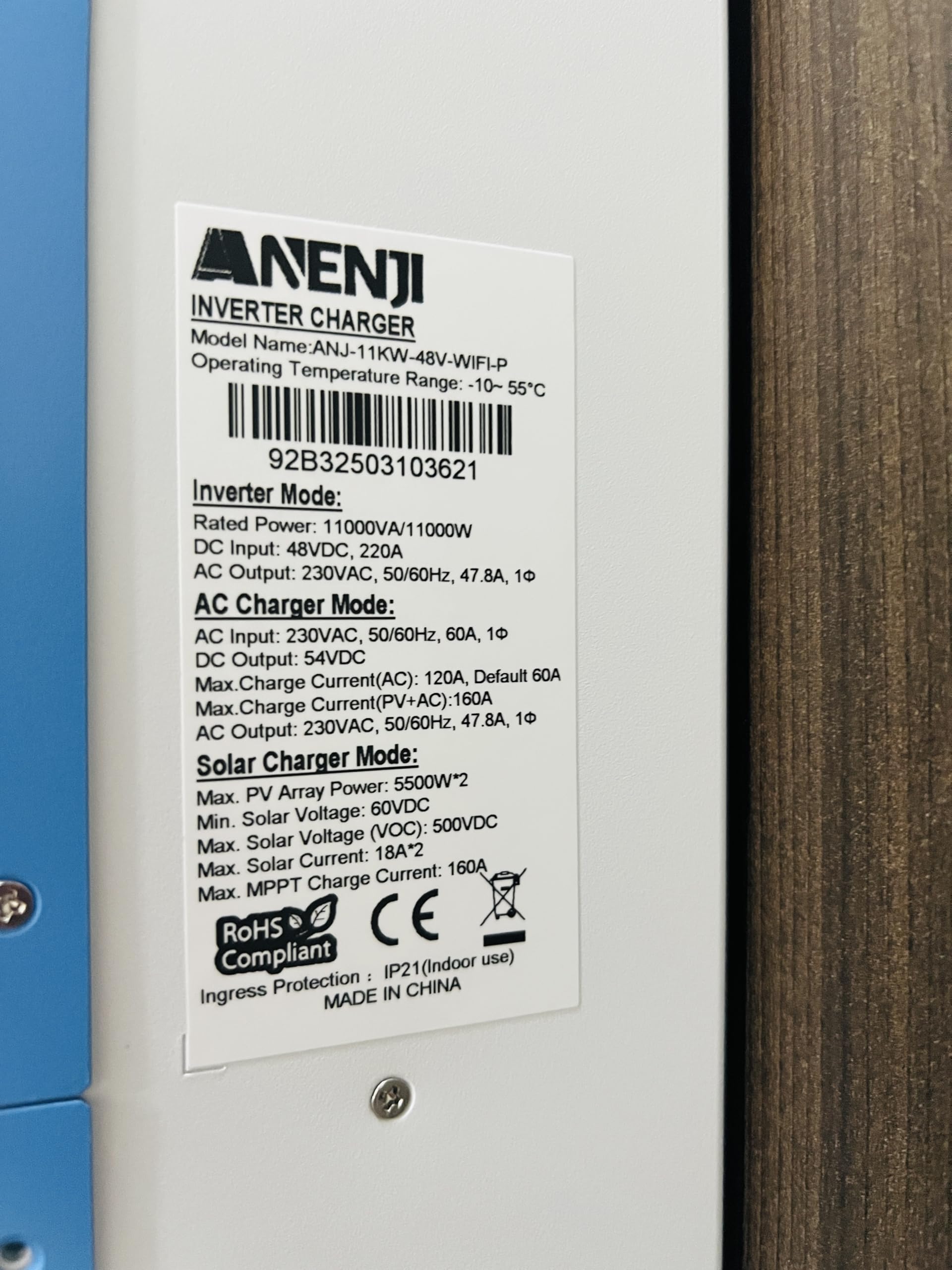 Inverter ibrido 11000 W, 48 V, funziona senza batteria, funzione parallela, max PV 500 Vdc, inverter sinus puro 230 V, regolatore MPPT 120 A, per batterie al litio
