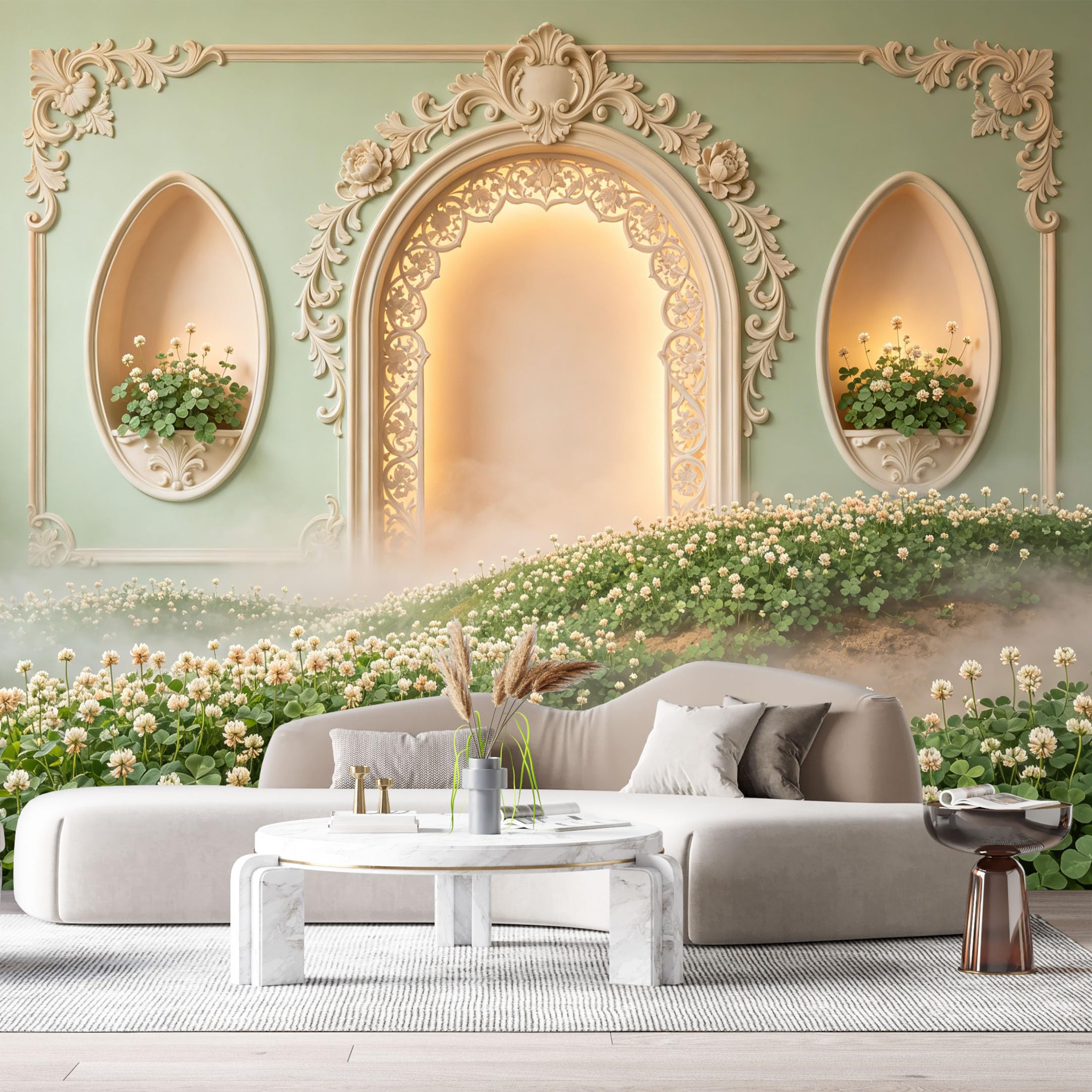 Custom Size Wall Murals Surreal Mint Green Archway Lace Plants Mist 3D Trompe L'Oeil SelfAdhesiveWall Fabric Removable Wallpaper Wall Decor for Living Room Bedroom Bathroom