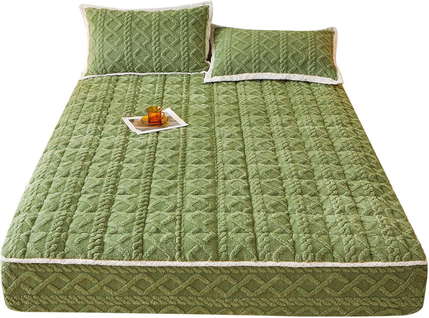 FCLDESHOP Mattress Protector,Solid Color Warm Flannel Bedding Three-Piece Set, Winter Thickened Quilted Fitted Sheets and Pillowcases,Green,90 * 200cm+30cm (3pcs)