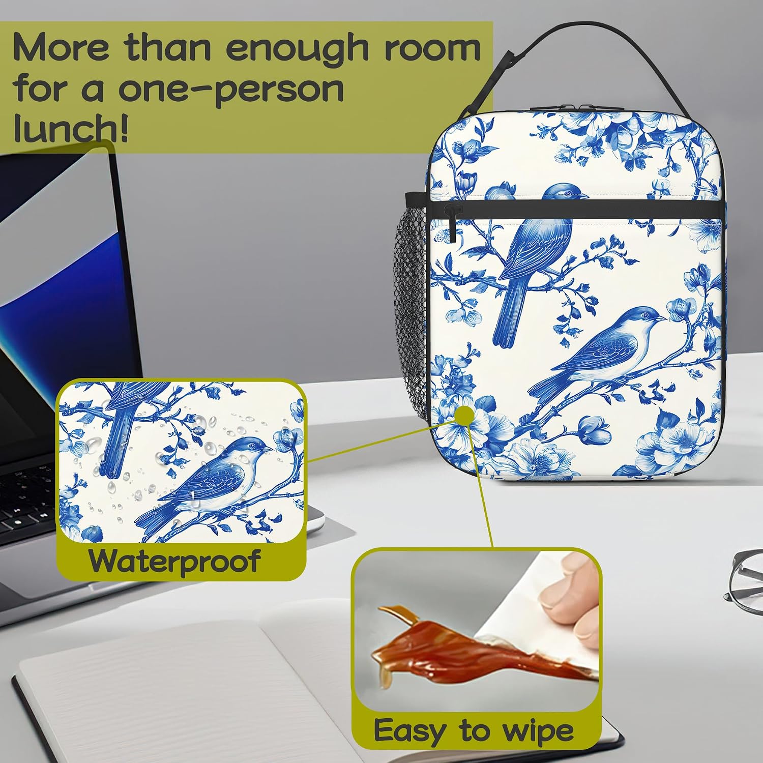 Blue Bird Floral Kids Lunch Box Insulated Lunch Bag Tote for Boys Girls Cooler Freezable Meal Prep Bag with Shoulder Strap Waterproof Lunch Container for School Office Picnic image 4