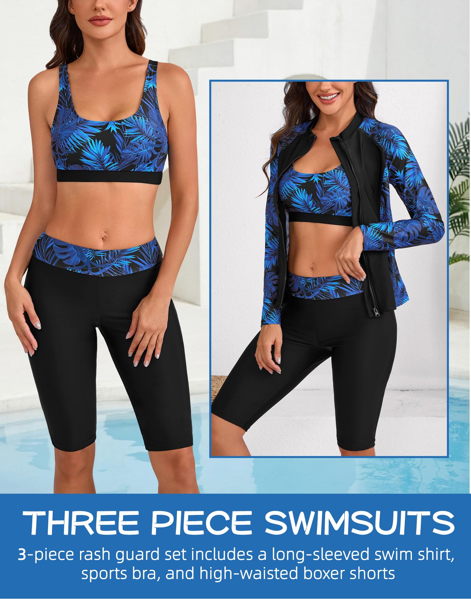 Maillots de Bain 3 Pièces Femme Rashguard Set Manches Longues avec Haut Tankini et Short pour Surf Plage Natation