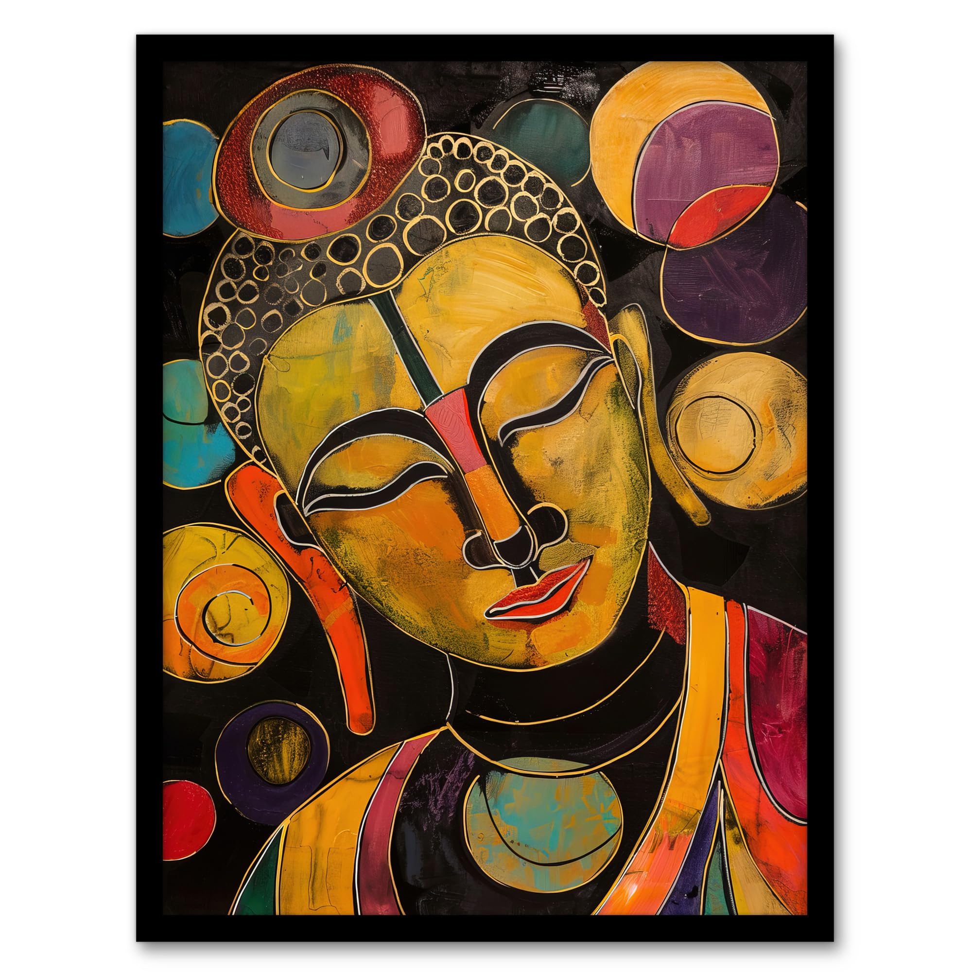 Buddha Statue Meditating Head Colourful Painting Framed Art Print - Artery8 - Mustard - A4